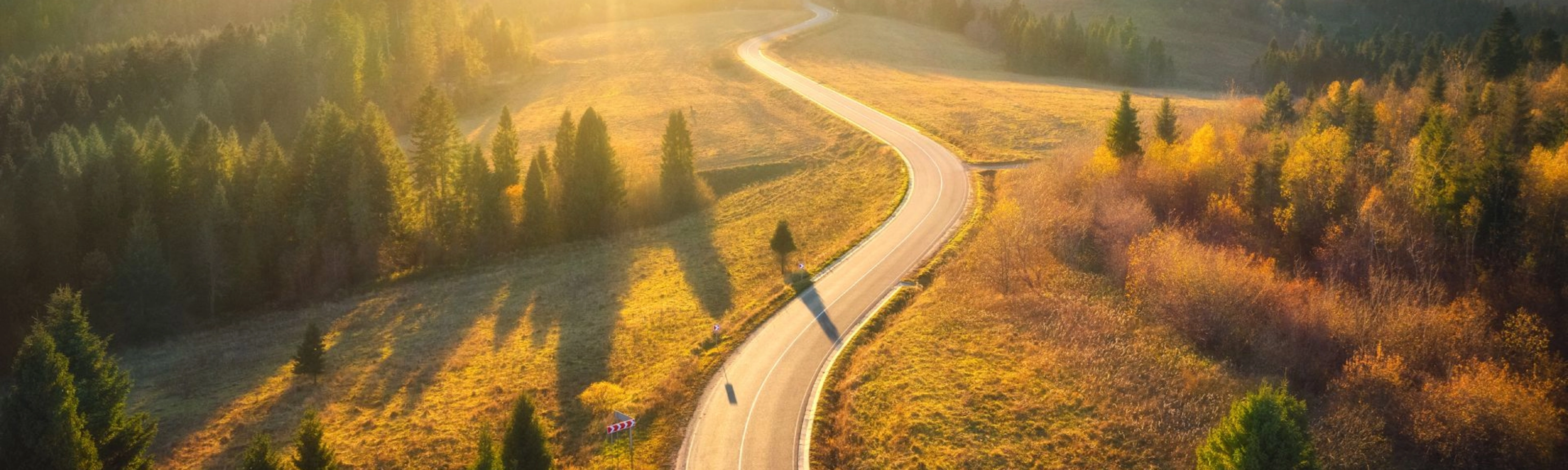 Kurvige Straße durch sonnige Landschaft mit Wäldern und Hügeln im Abendlicht.