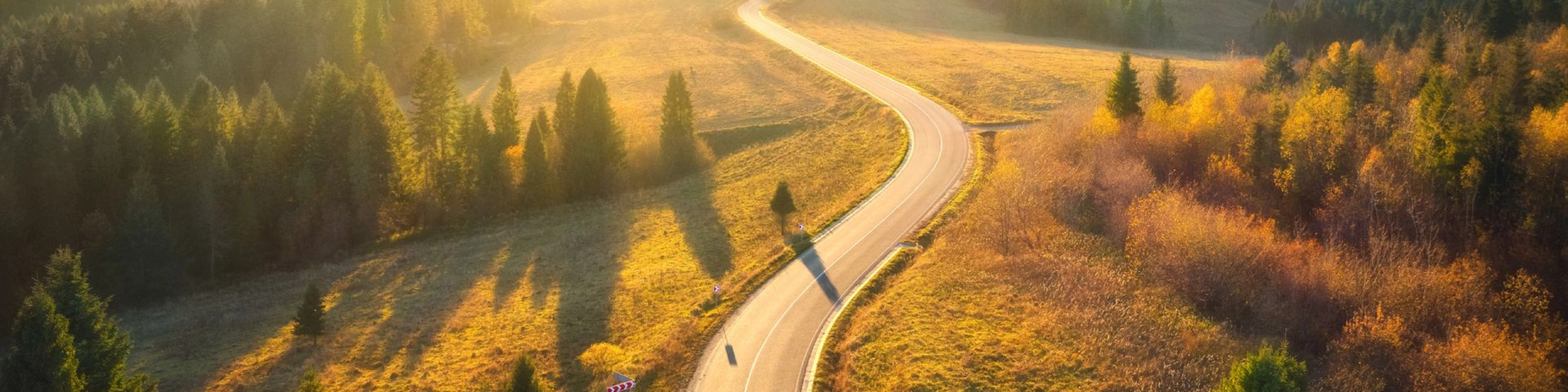 Kurvige Straße durch sonnige Landschaft mit Wäldern und Hügeln im Abendlicht.