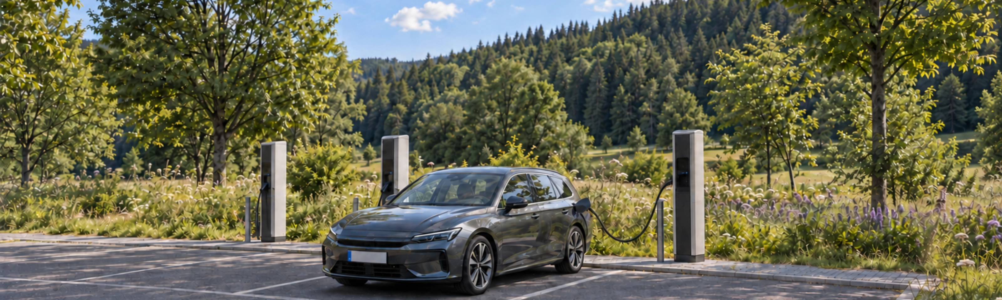 bergraues Elektroauto beim Laden in einem Ladepark mit Wiesen und bewaldeten Hügeln im Hintergrund.