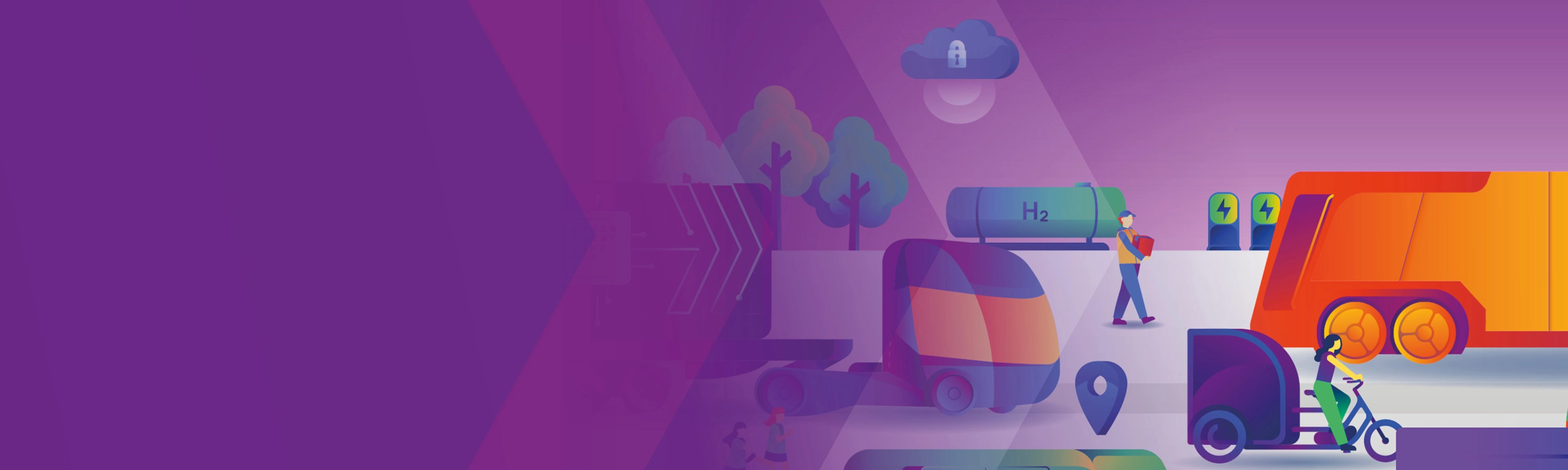 Illustration of futuristic eco-friendly vehicles with hydrogen tanks, e-chargers, and cyclists.
