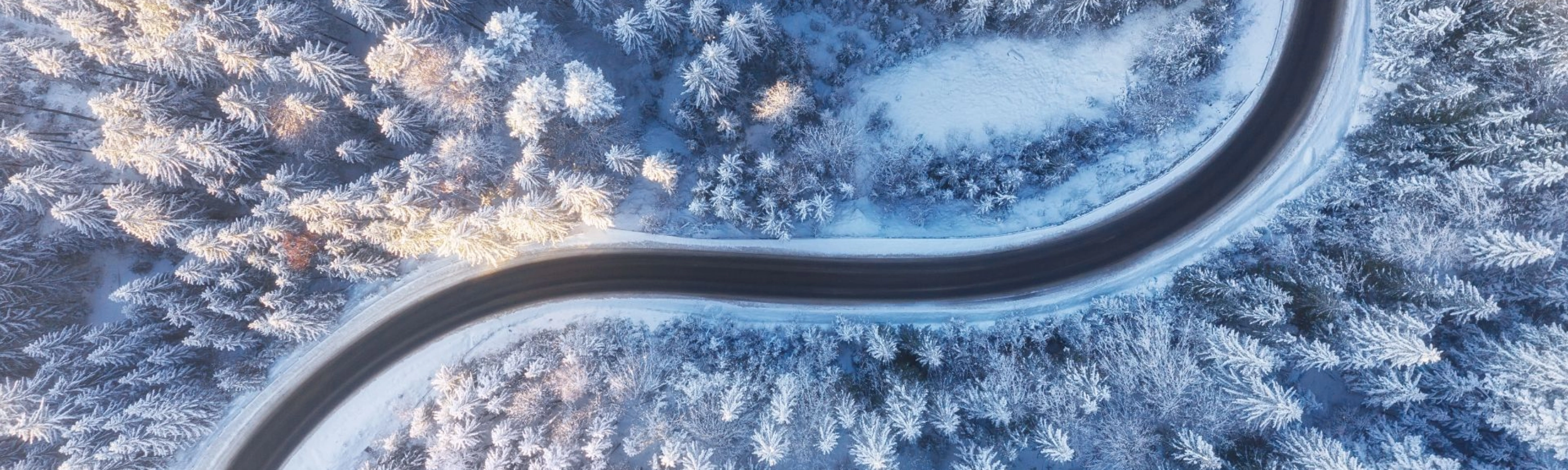 Kurvige Straße verläuft durch einen verschneiten Wald aus der Vogelperspektive.