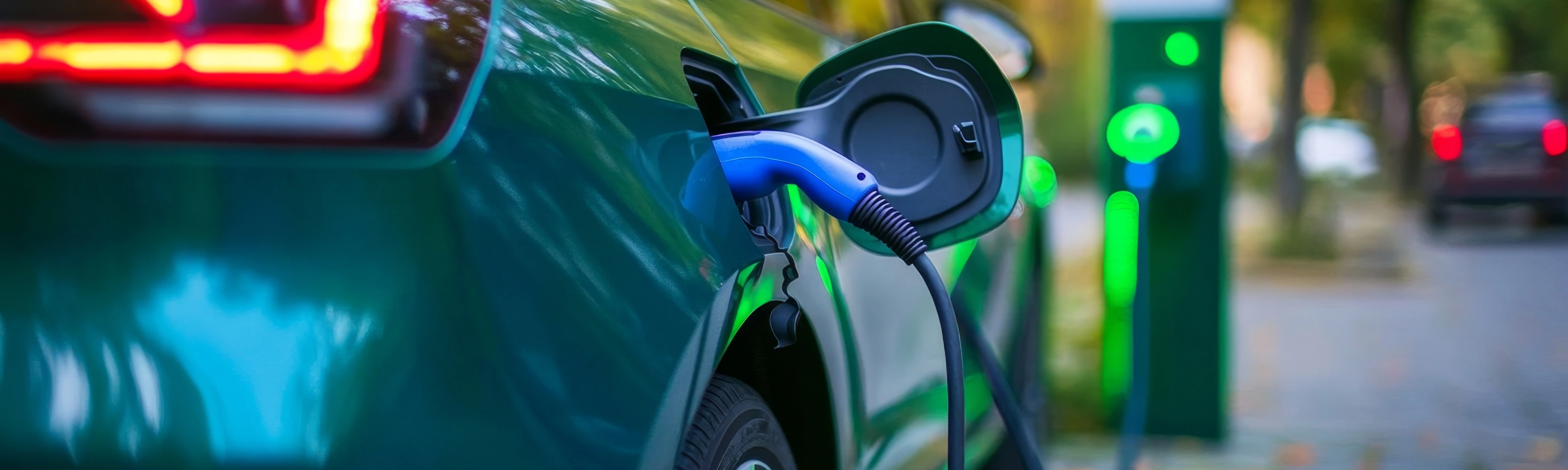 An electric car is being charged at a charging station.