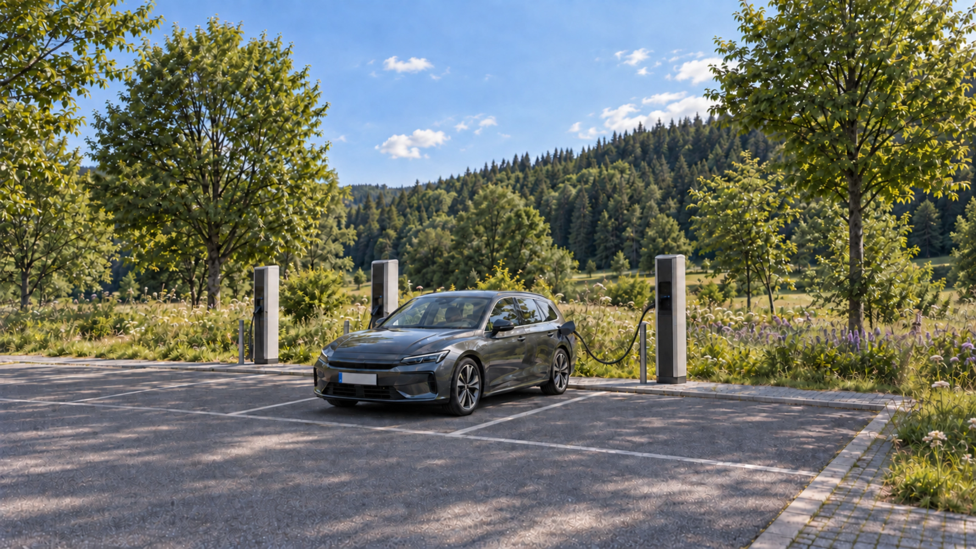bergraues Elektroauto beim Laden in einem Ladepark mit Wiesen und bewaldeten Hügeln im Hintergrund.