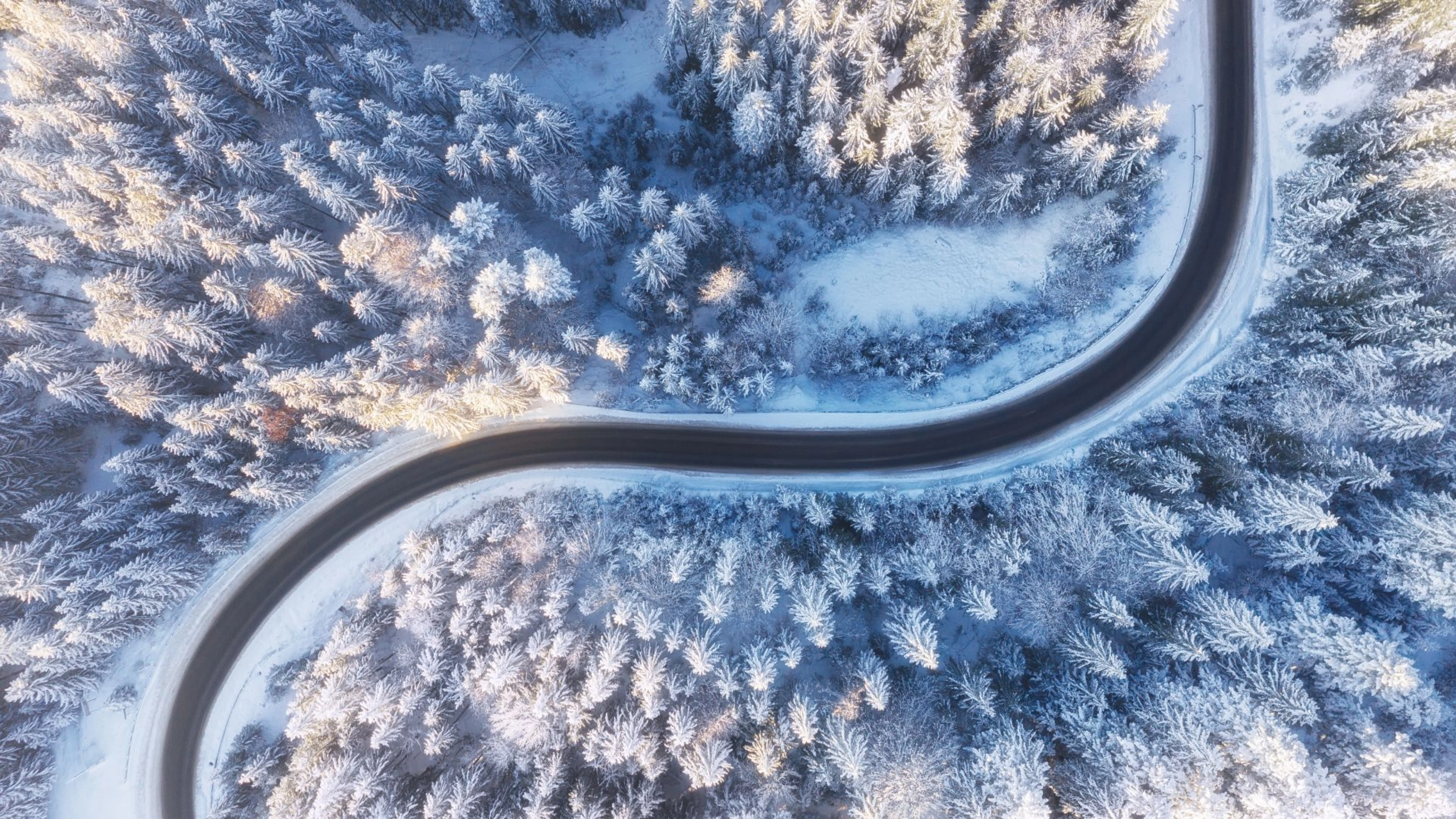 Kurvige Straße verläuft durch einen verschneiten Wald aus der Vogelperspektive.