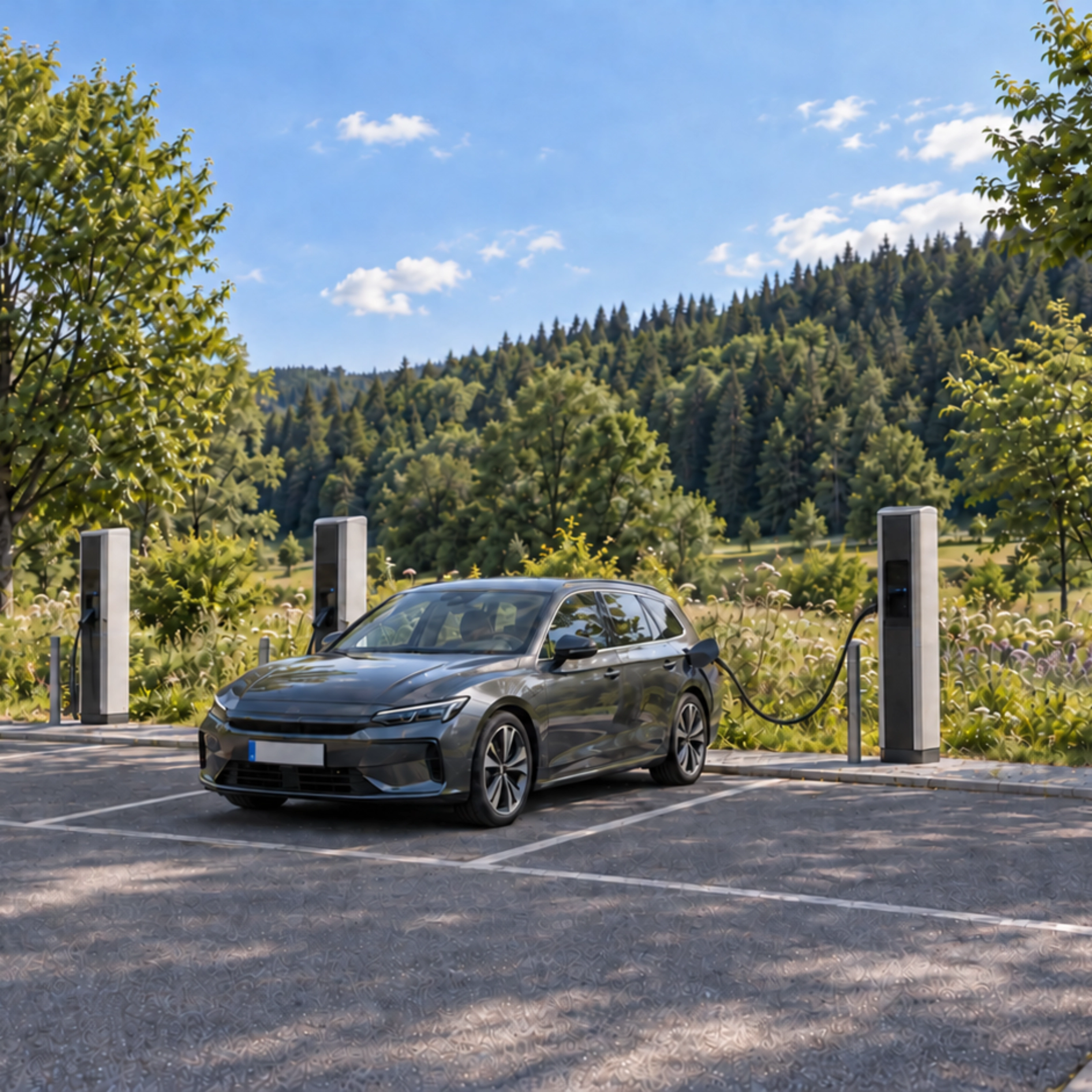 bergraues Elektroauto beim Laden in einem Ladepark mit Wiesen und bewaldeten Hügeln im Hintergrund.