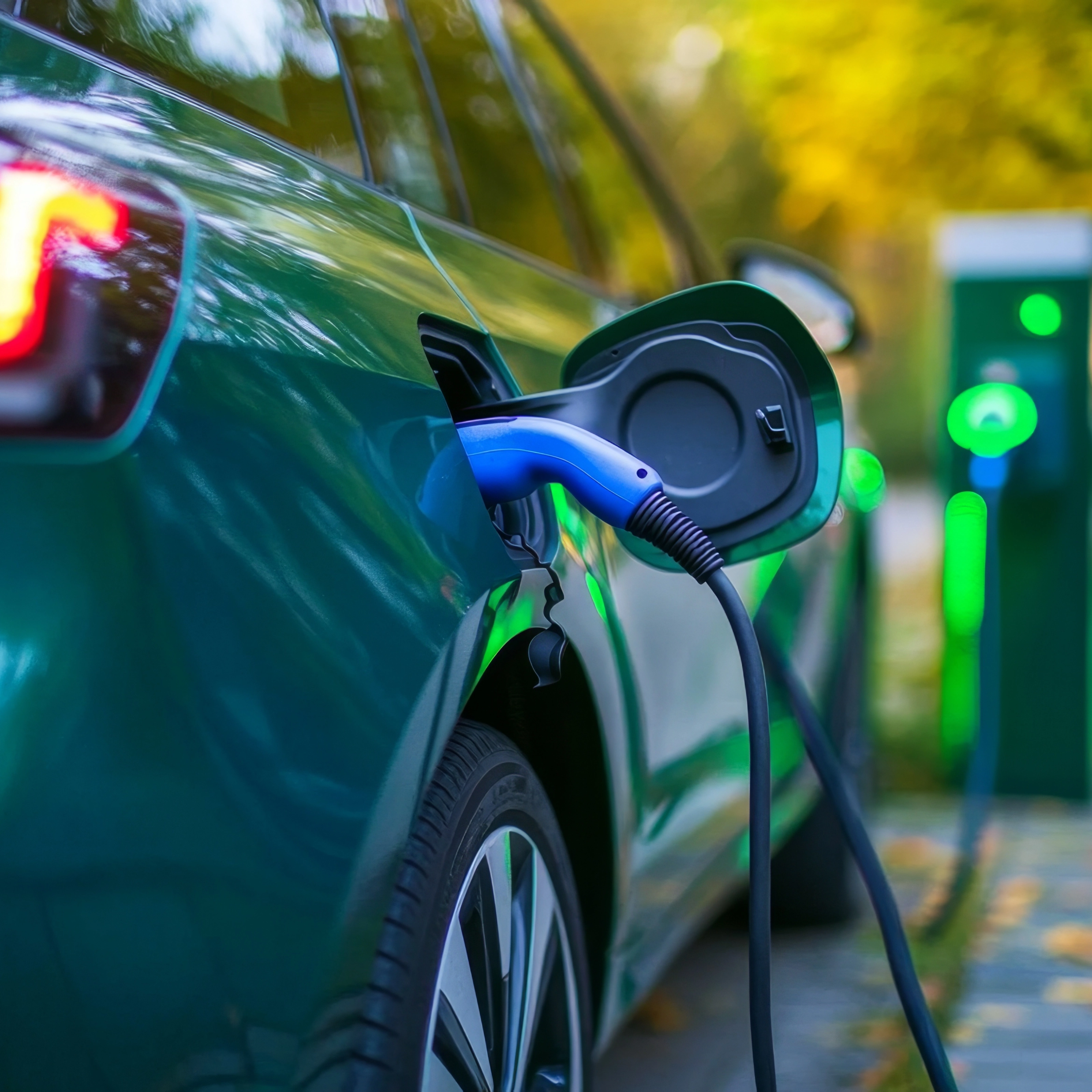 An electric car is being charged at a charging station.