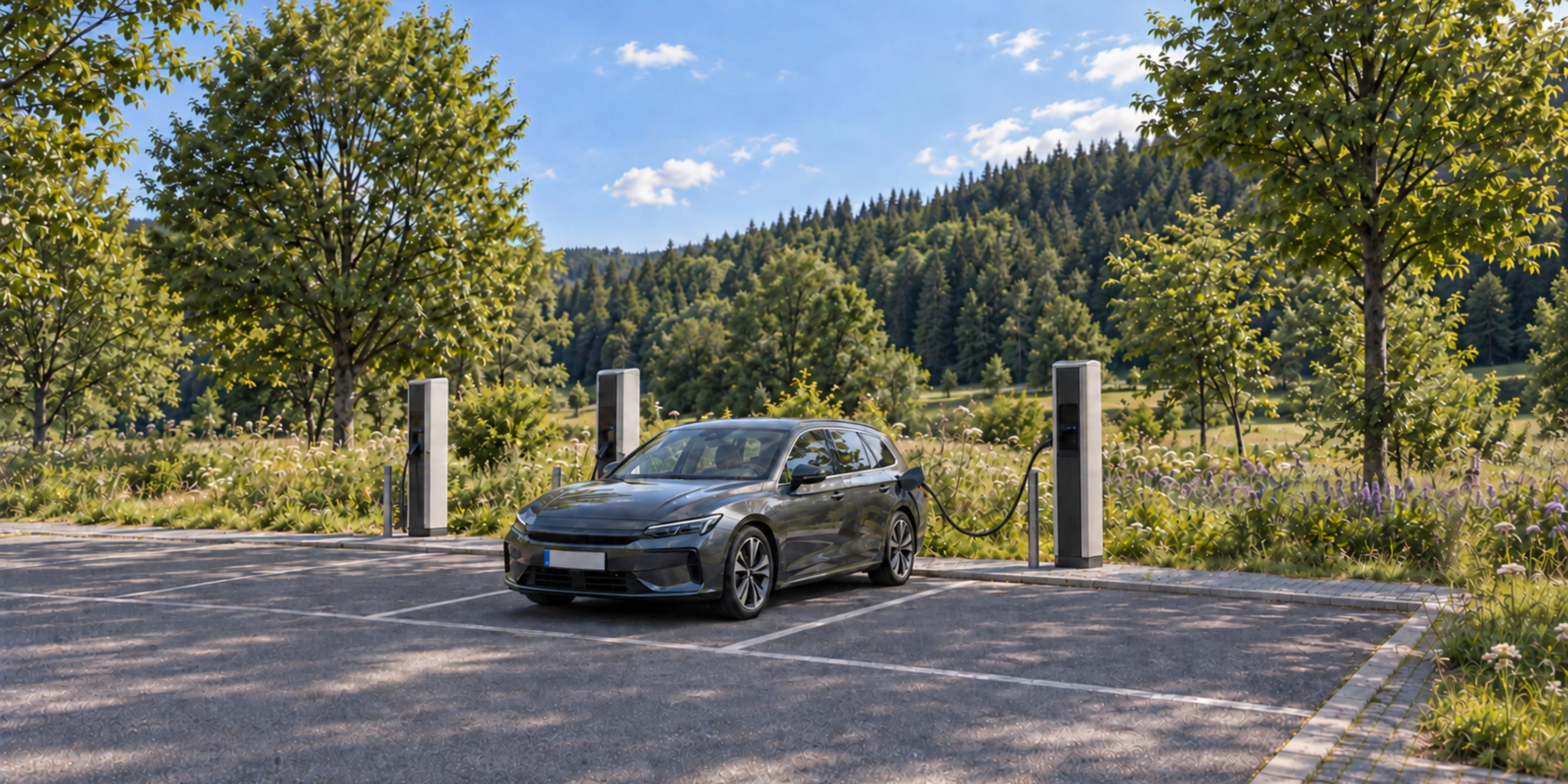 bergraues Elektroauto beim Laden in einem Ladepark mit Wiesen und bewaldeten Hügeln im Hintergrund.