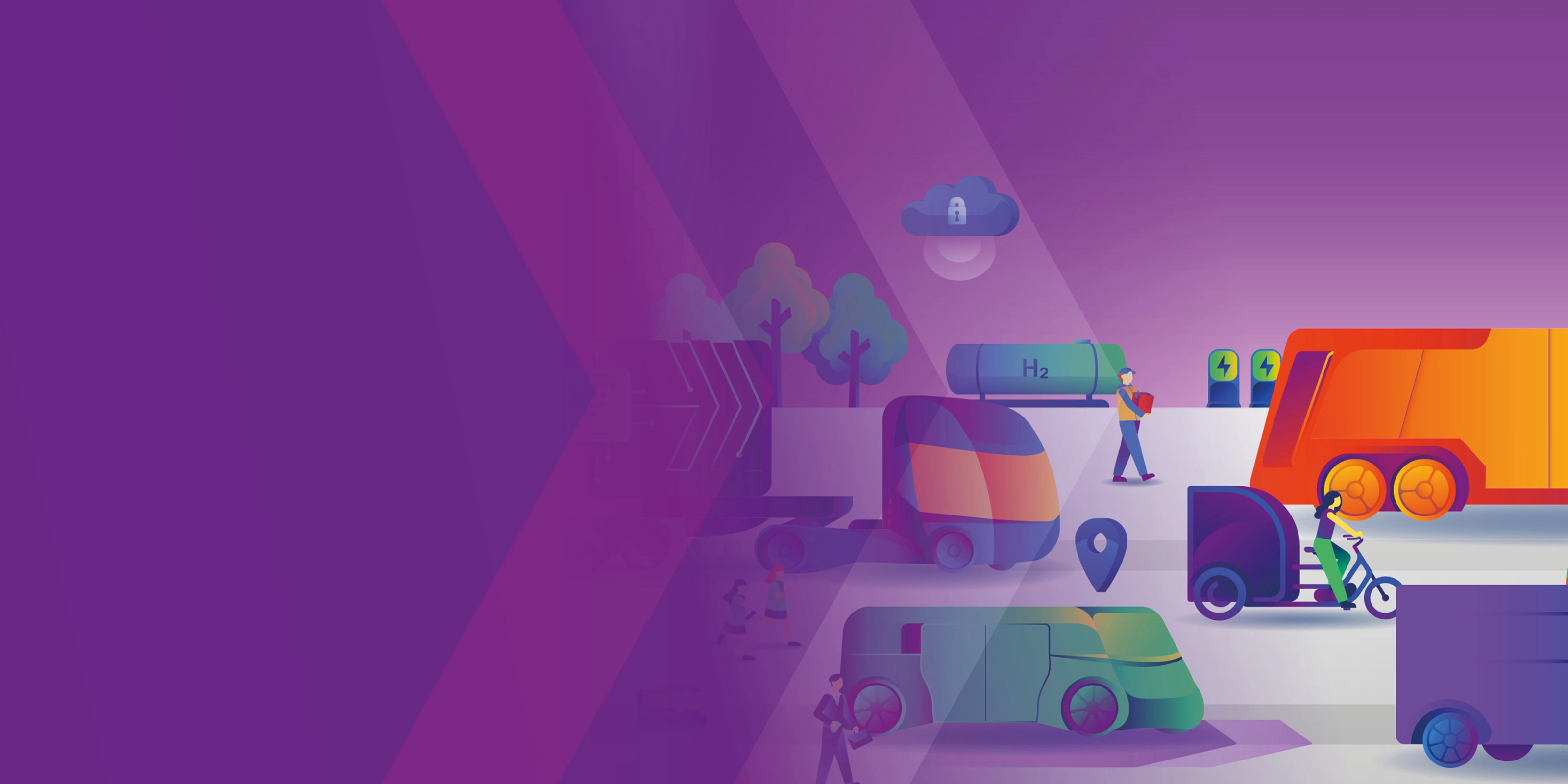 Illustration of futuristic eco-friendly vehicles with hydrogen tanks, e-chargers, and cyclists.