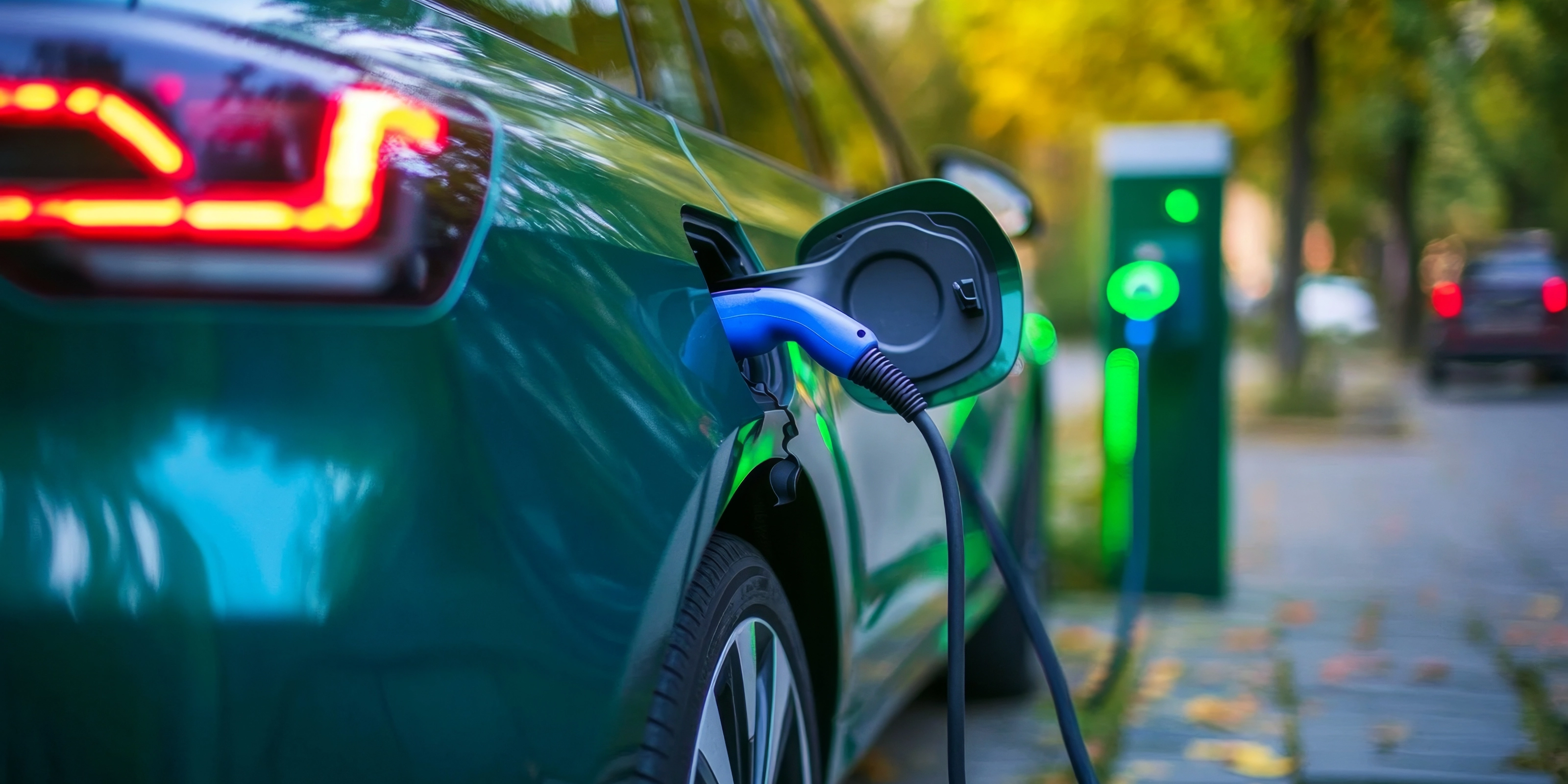 An electric car is being charged at a charging station.
