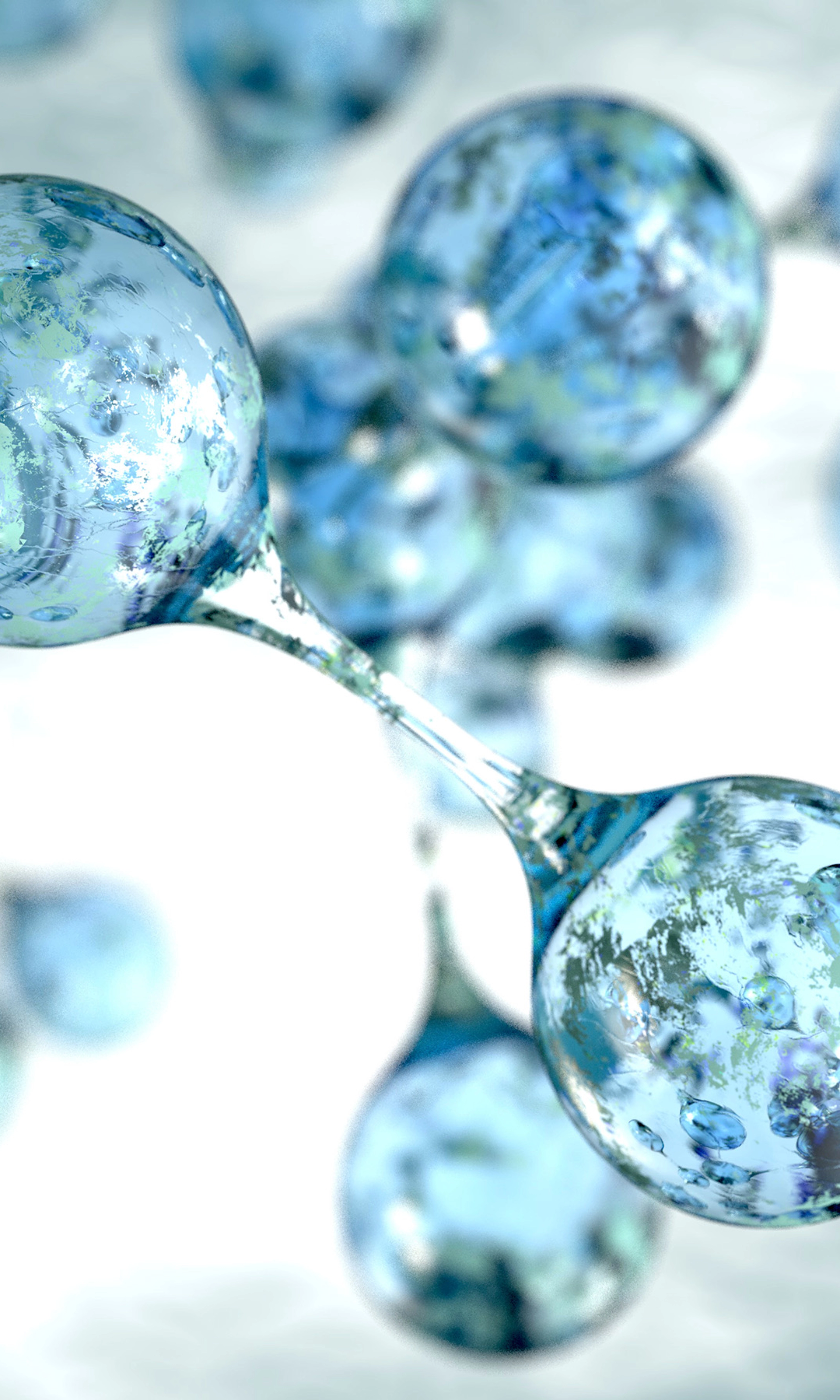 Abstrakte 3D-Darstellung blauer Molekülstrukturen mit Spiegelungen und Lichteffekten.