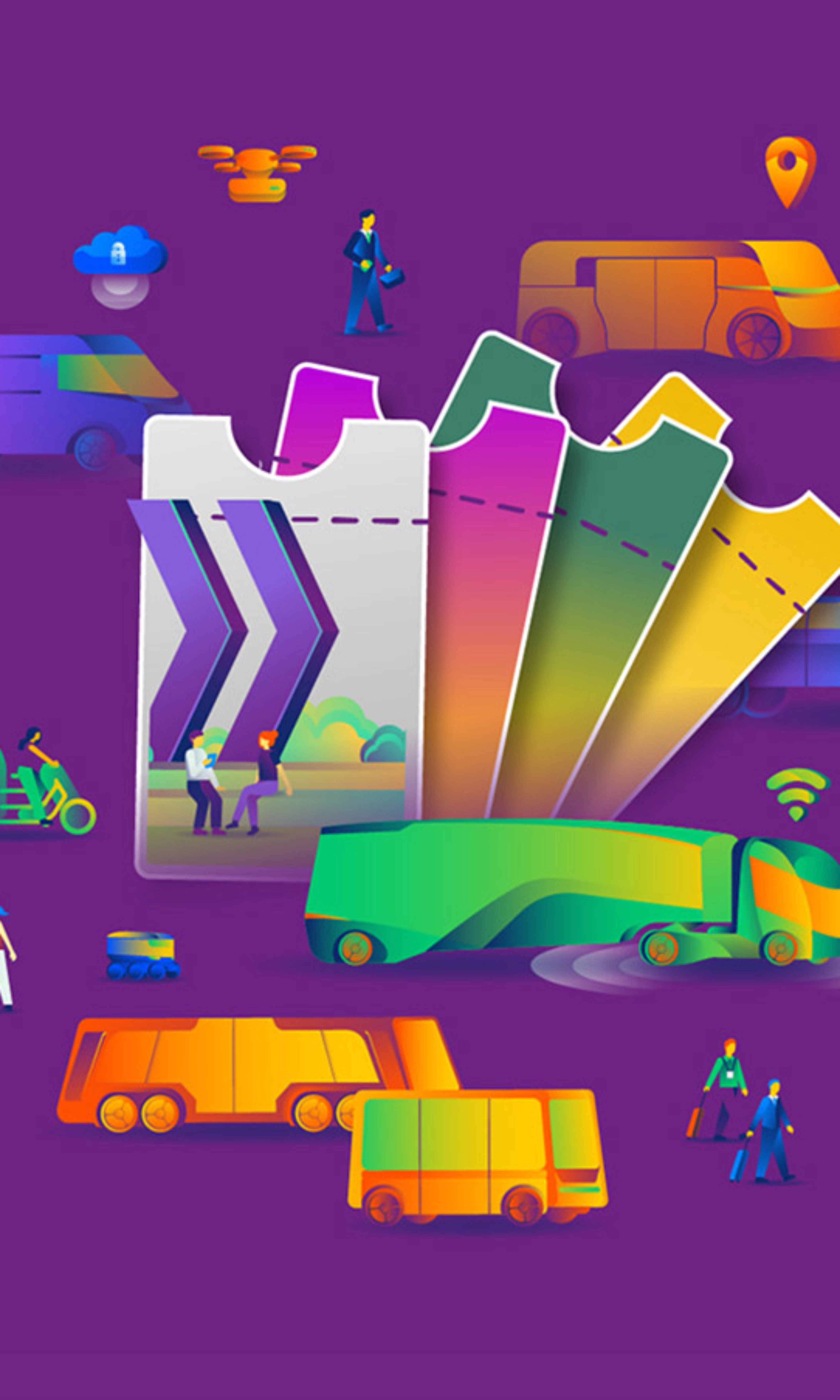Bunte Illustration zu Mobilität mit Tickets, Fahrzeugen und Menschen.