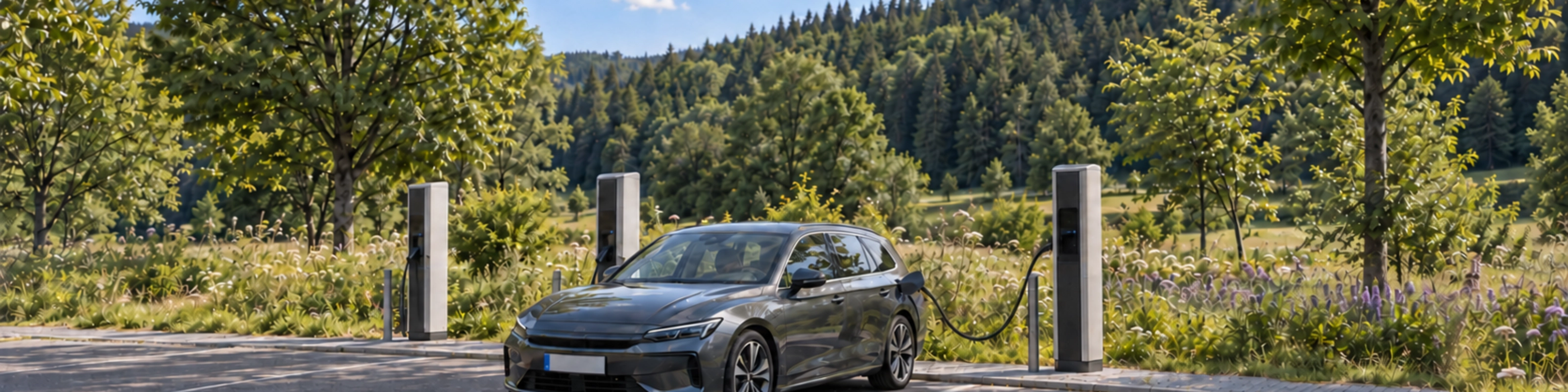 bergraues Elektroauto beim Laden in einem Ladepark mit Wiesen und bewaldeten Hügeln im Hintergrund.