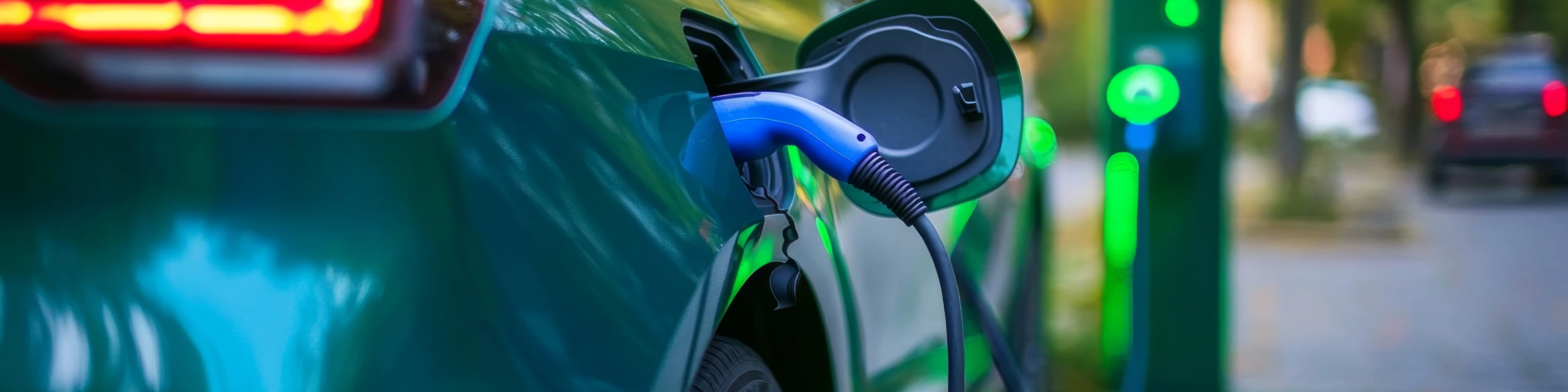 An electric car is being charged at a charging station.