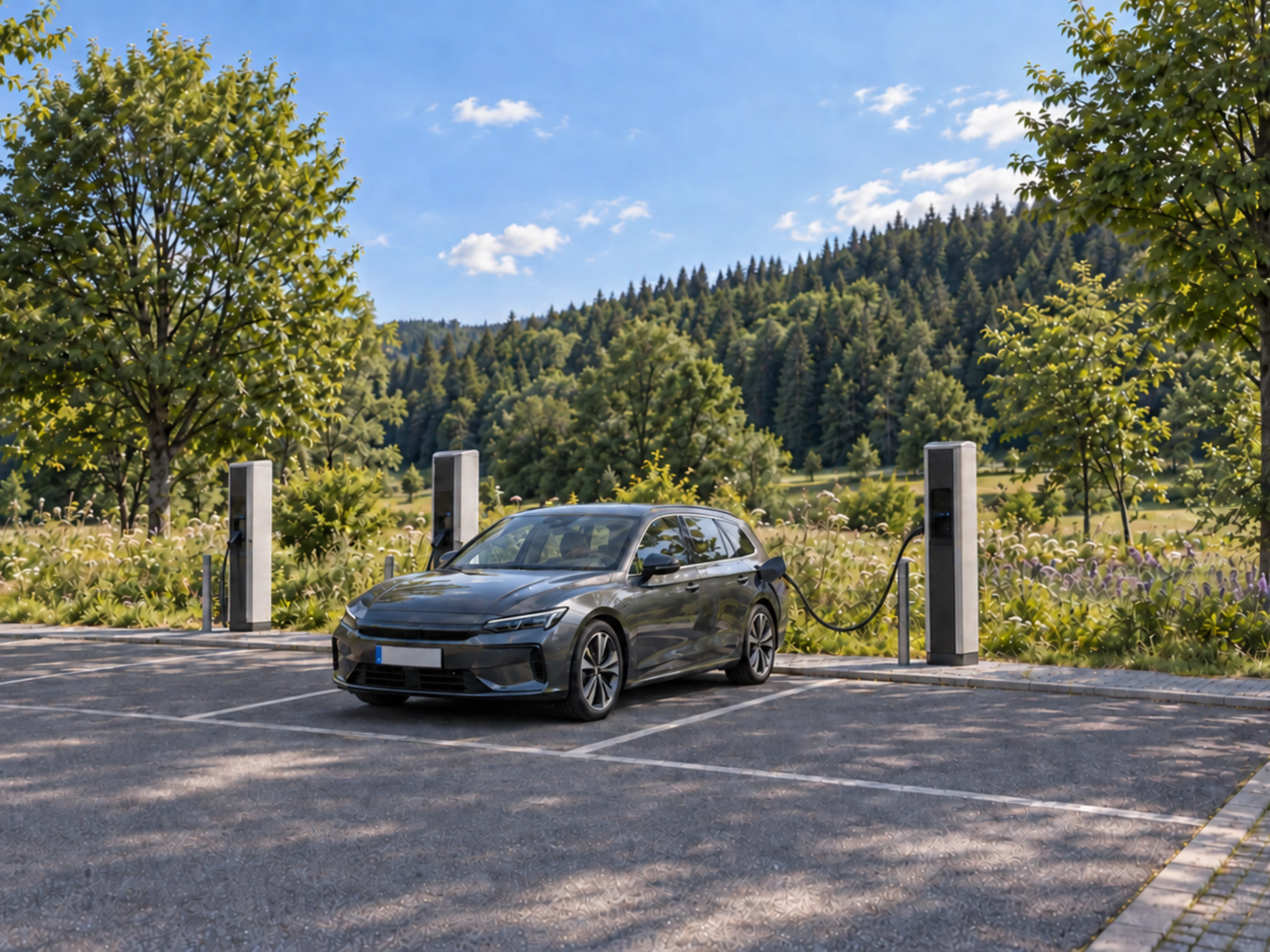 bergraues Elektroauto beim Laden in einem Ladepark mit Wiesen und bewaldeten Hügeln im Hintergrund.