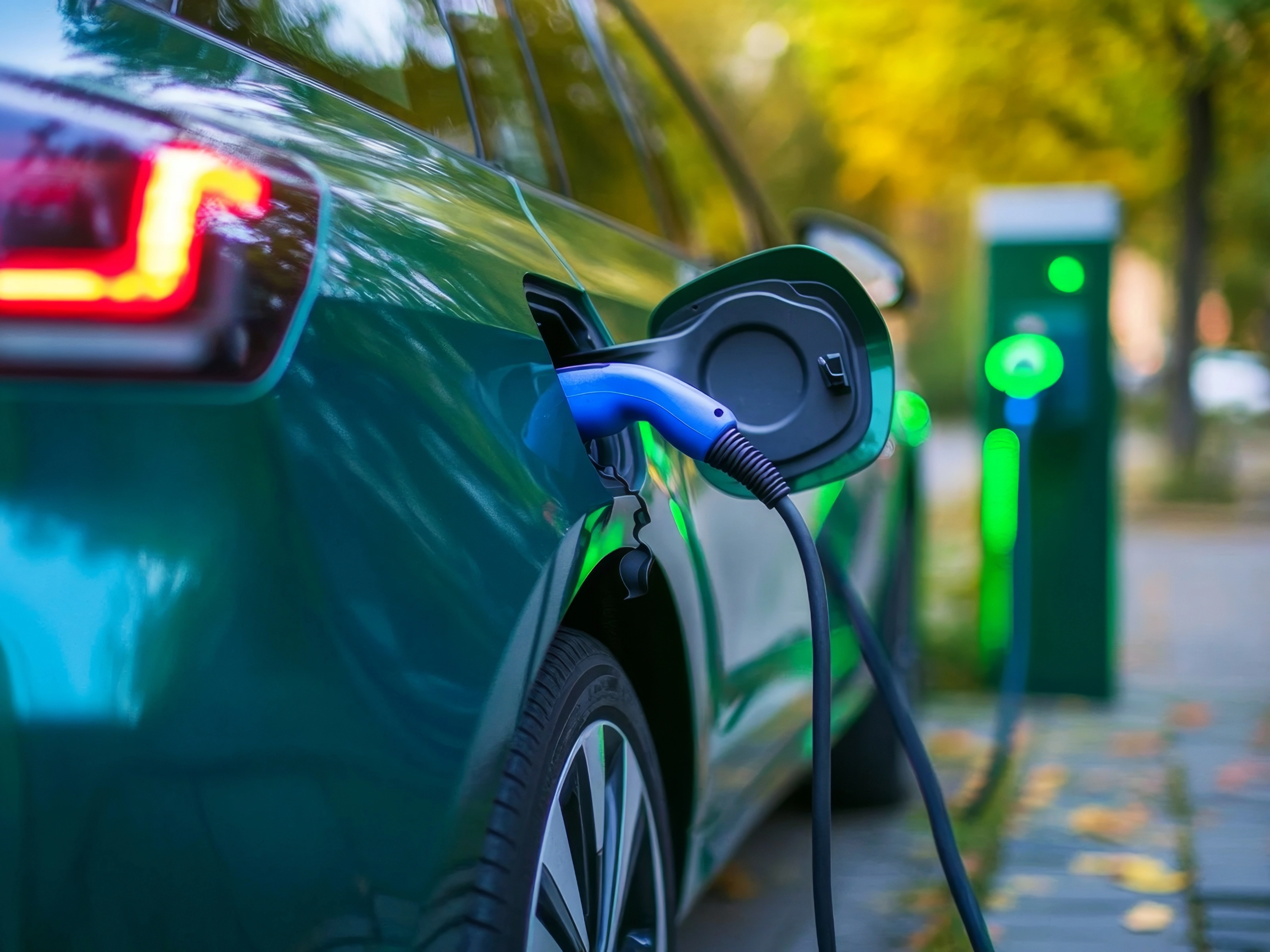 An electric car is being charged at a charging station.