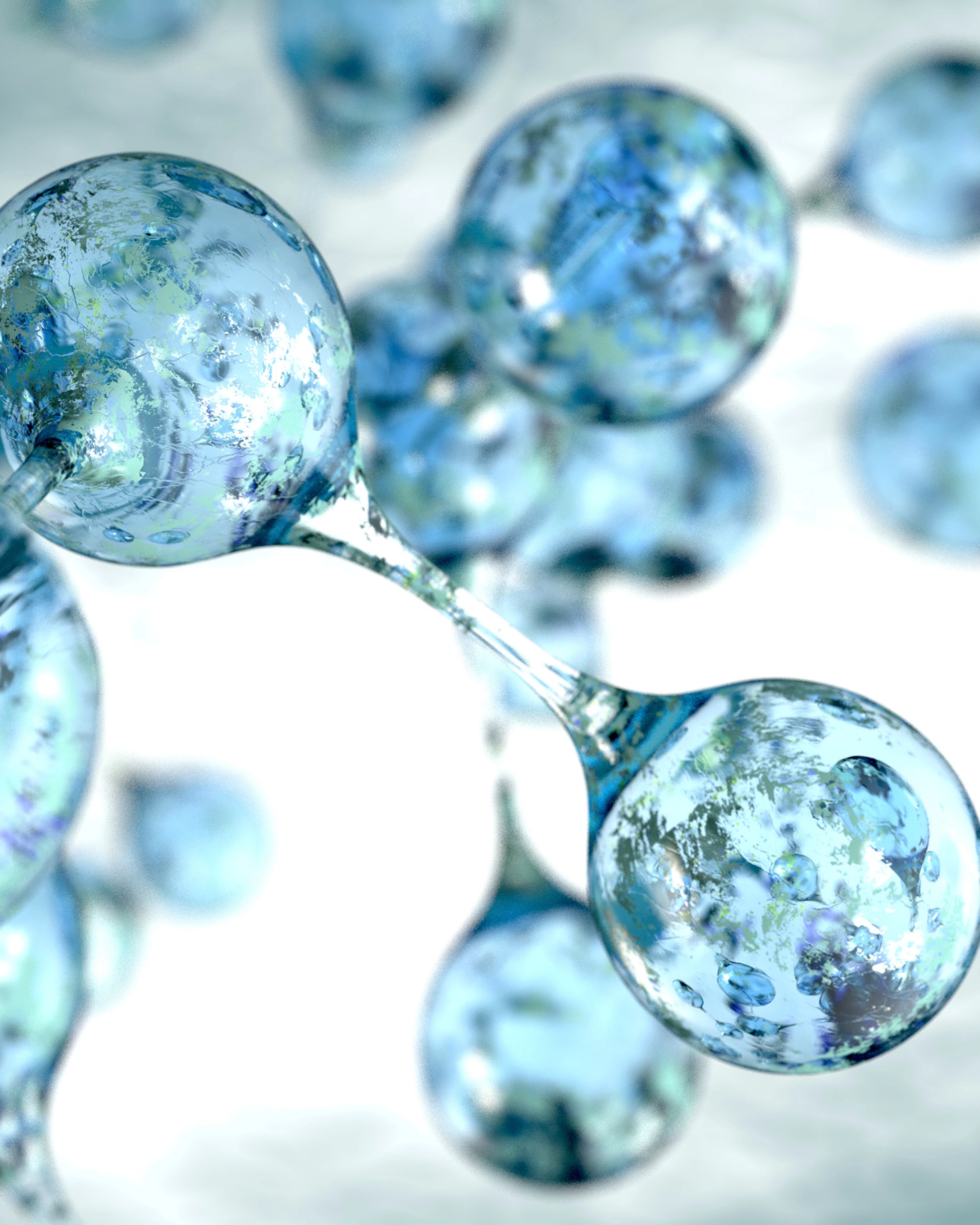 Abstrakte 3D-Darstellung blauer Molekülstrukturen mit Spiegelungen und Lichteffekten.