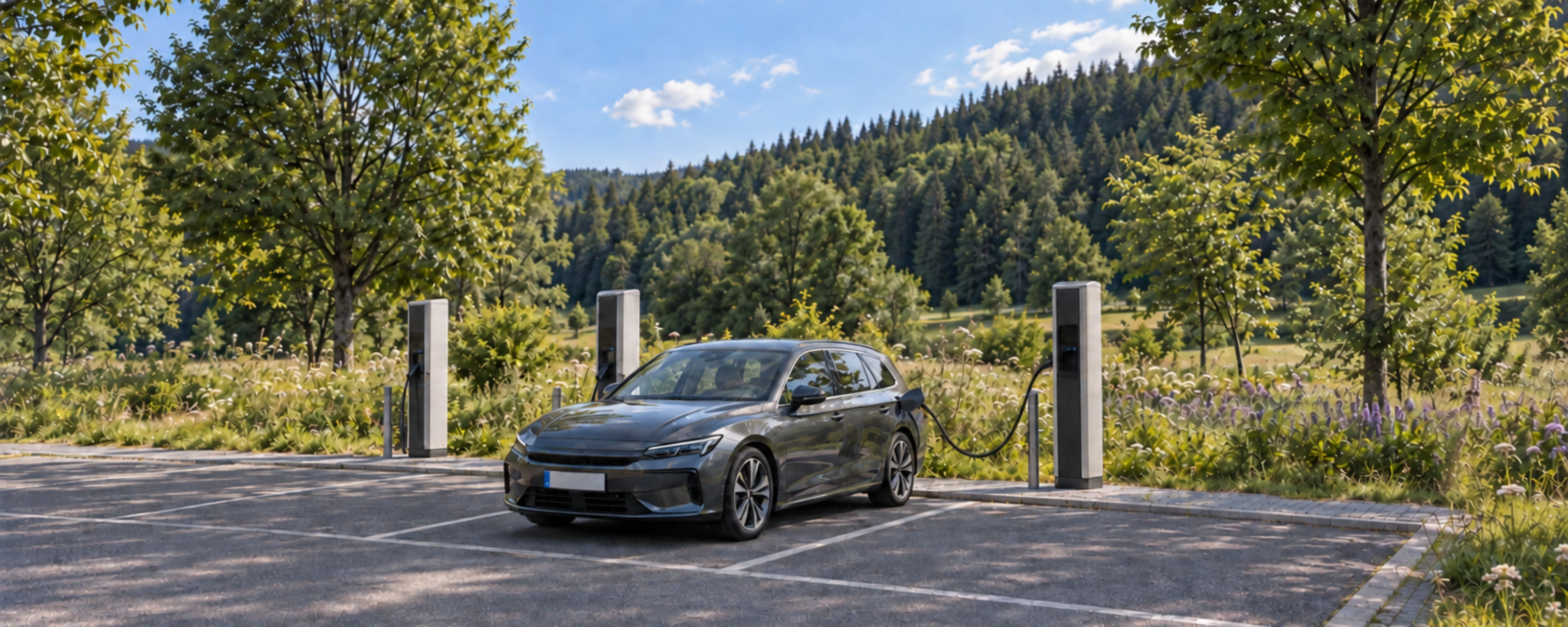 bergraues Elektroauto beim Laden in einem Ladepark mit Wiesen und bewaldeten Hügeln im Hintergrund.