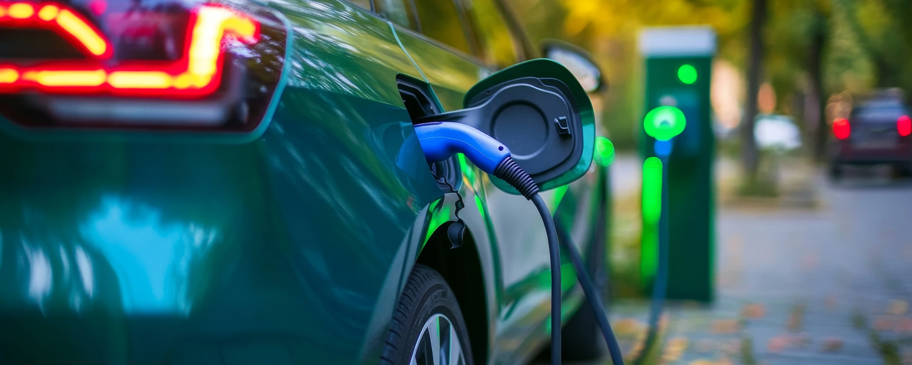 An electric car is being charged at a charging station.
