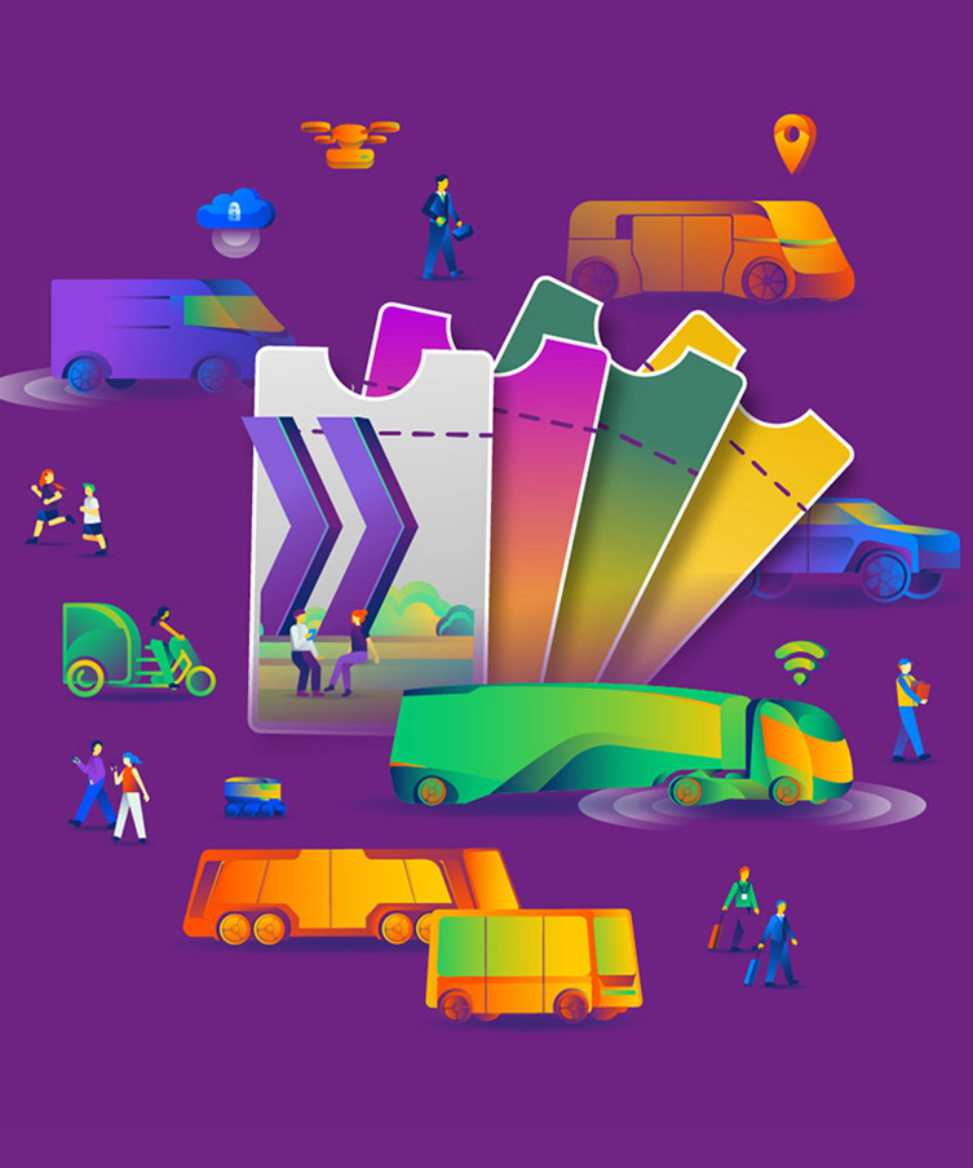 Bunte Illustration zu Mobilität mit Tickets, Fahrzeugen und Menschen.