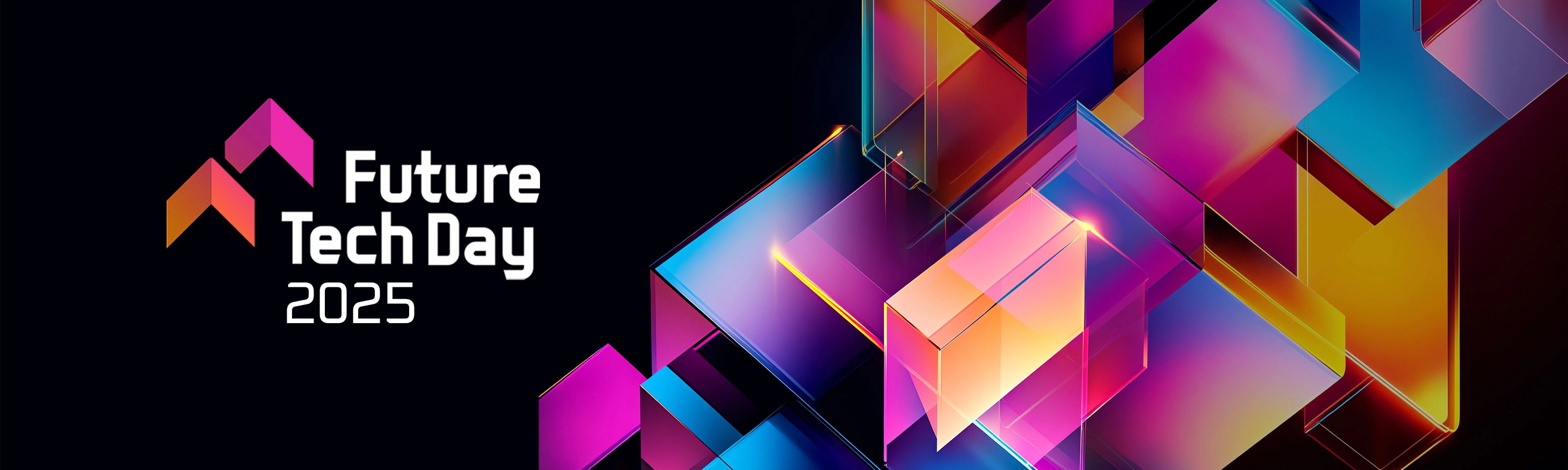 Bunte Tech-Würfel neben dem Event-Logo Future Tech Day 2025 auf dunklem Hintergrund.