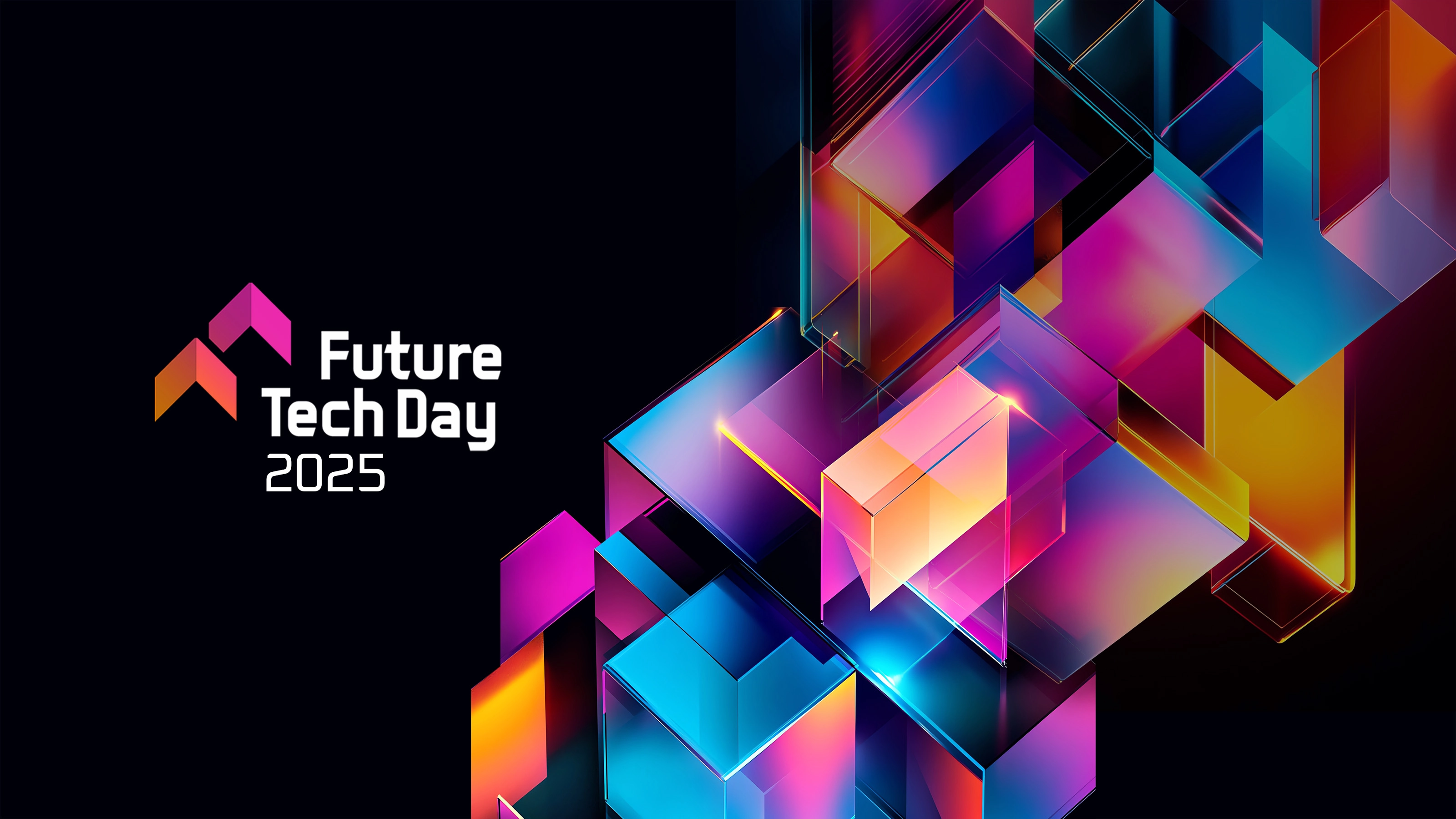 Bunte Tech-Würfel neben dem Event-Logo Future Tech Day 2025 auf dunklem Hintergrund.