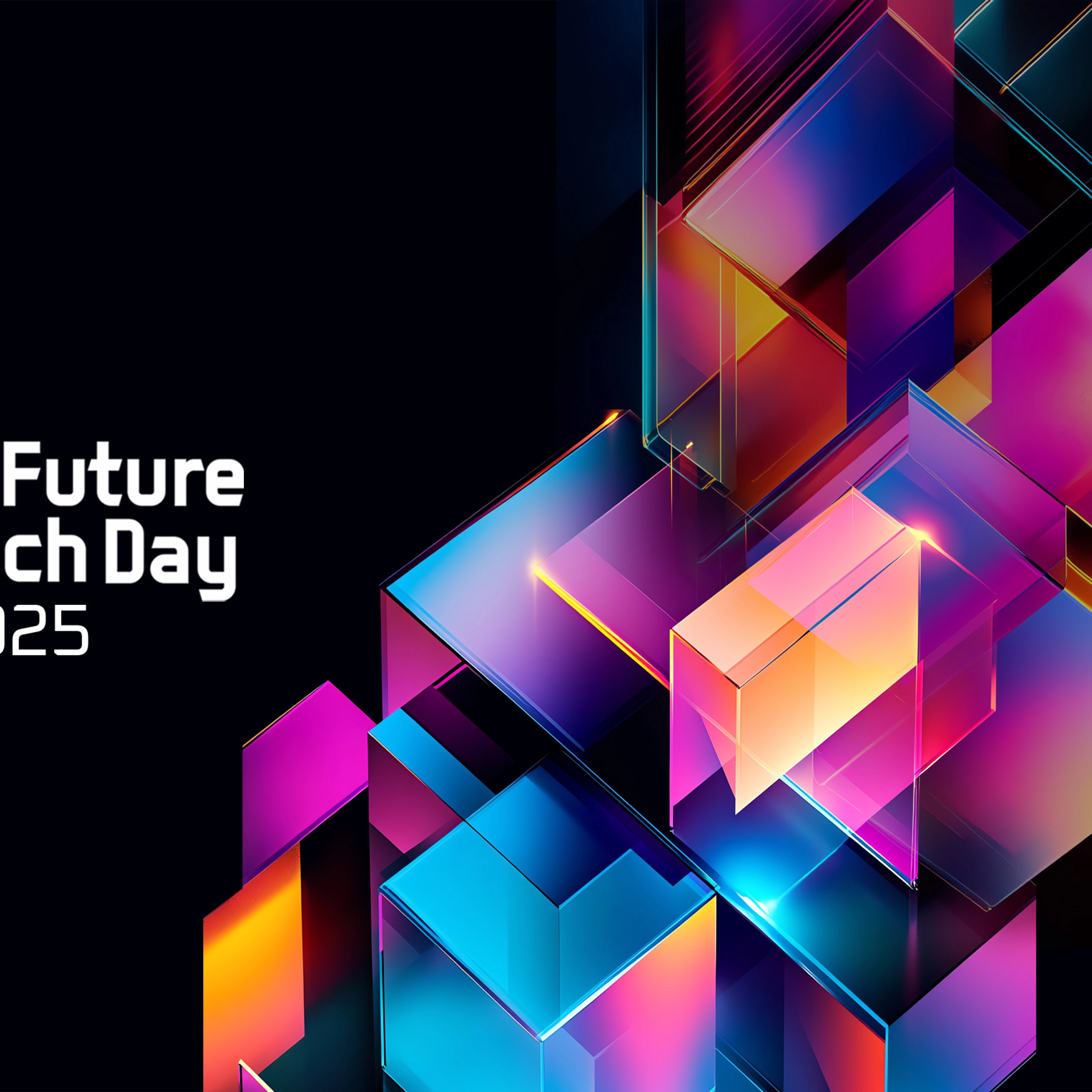 Bunte Tech-Würfel neben dem Event-Logo Future Tech Day 2025 auf dunklem Hintergrund.