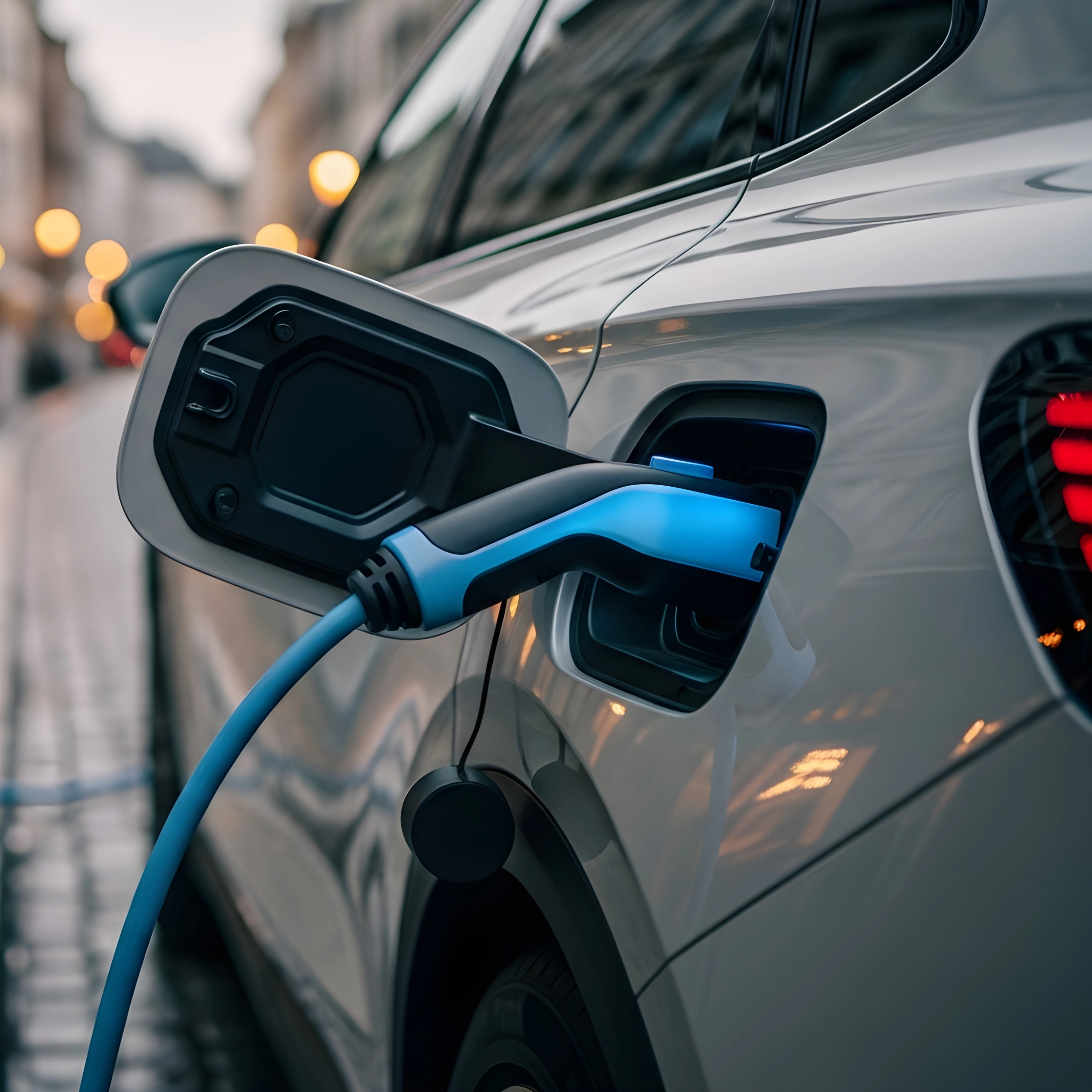 Ein modernes Elektroauto lädt an einer Ladesäule.