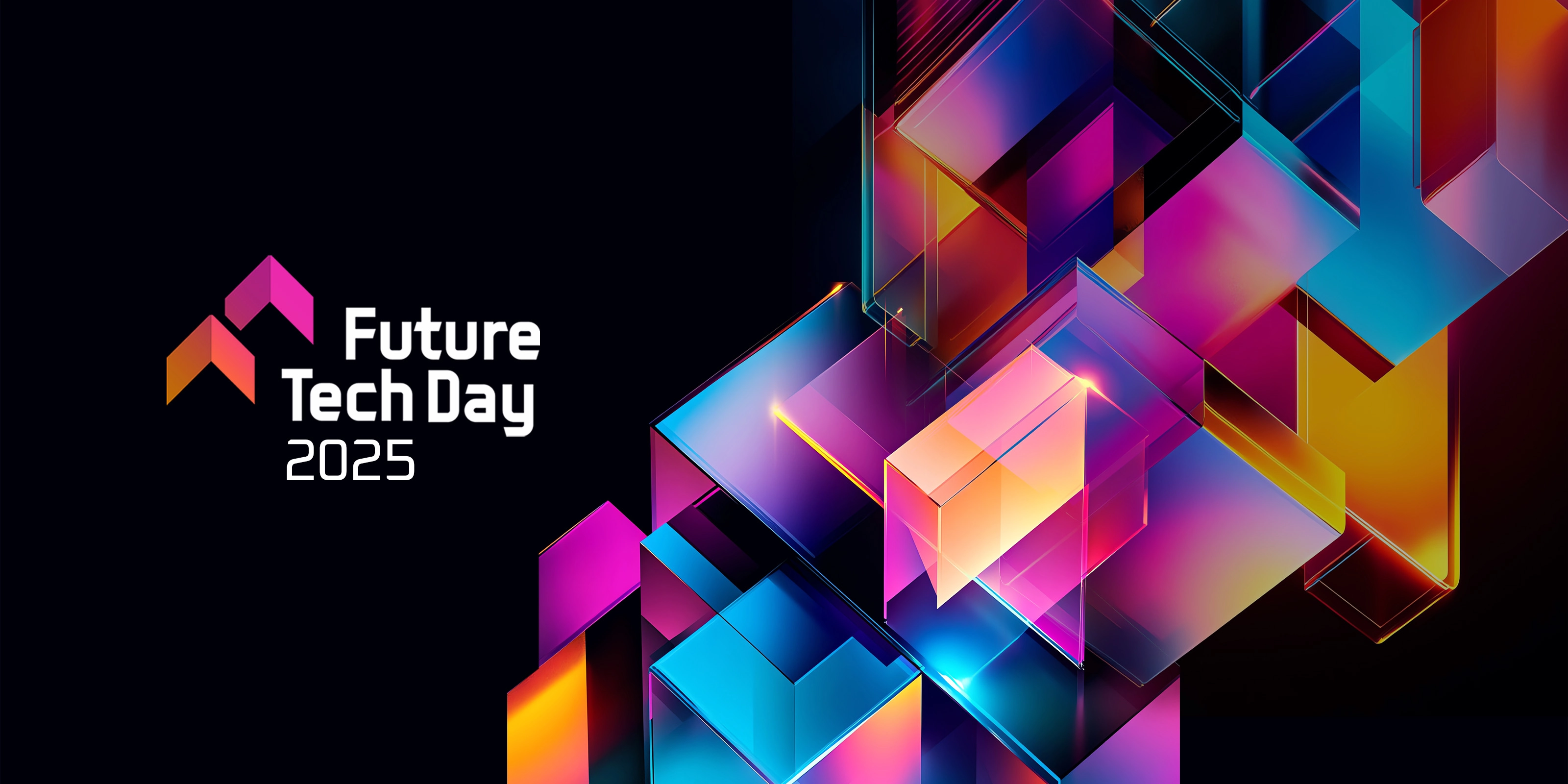 Bunte Tech-Würfel neben dem Event-Logo Future Tech Day 2025 auf dunklem Hintergrund.