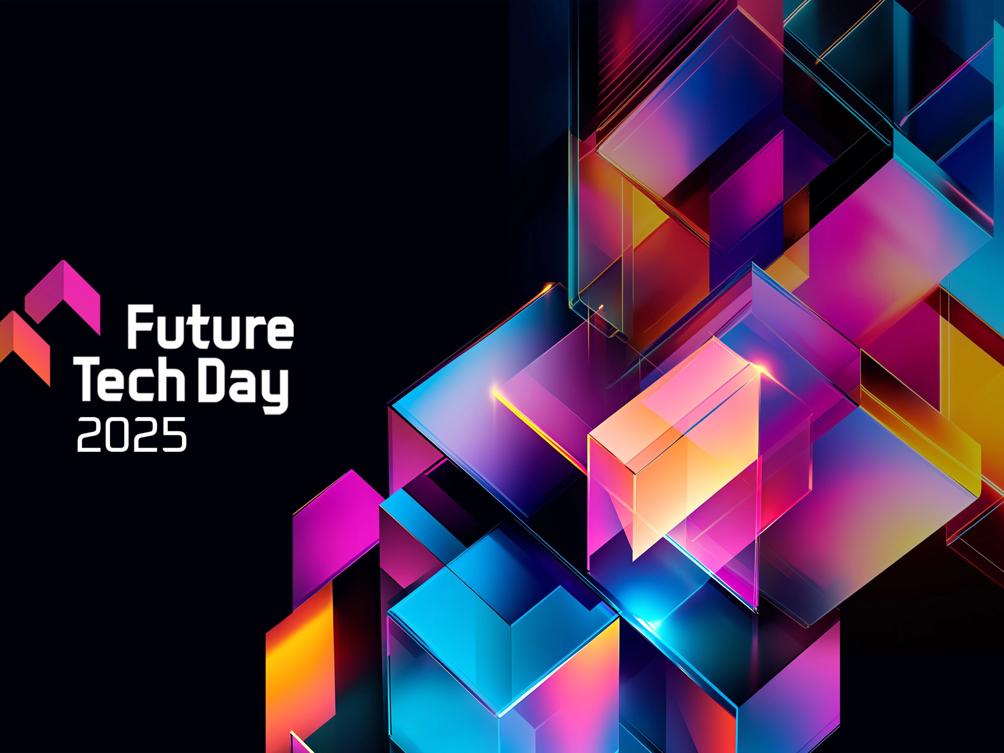 Bunte Tech-Würfel neben dem Event-Logo Future Tech Day 2025 auf dunklem Hintergrund.