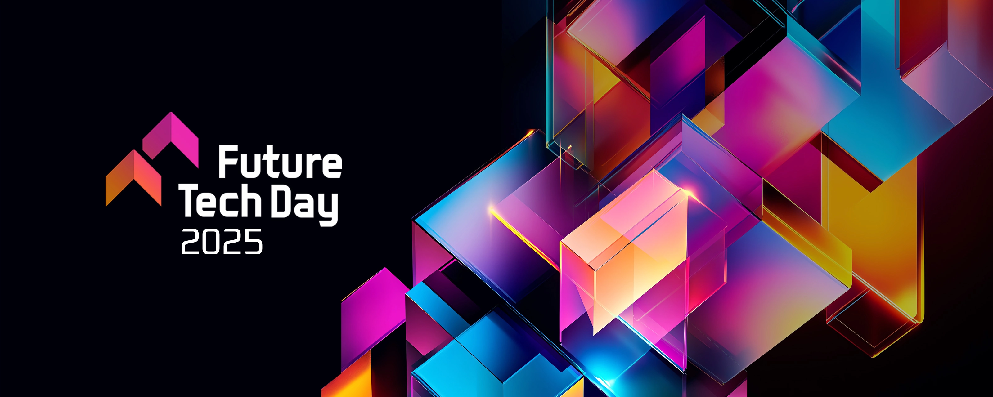 Bunte Tech-Würfel neben dem Event-Logo Future Tech Day 2025 auf dunklem Hintergrund.