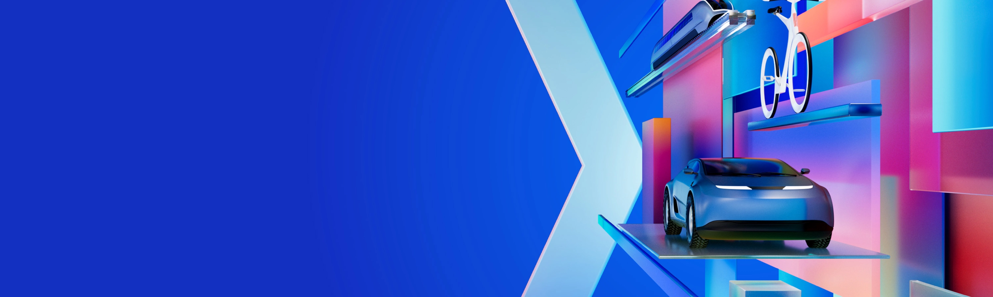 A futuristic digital artwork that represents the IAA MOBILITY 2025 theme. It shows a car, a drone, and a cyclist moving through colorful, geometric shapes against a blue background. The artwork embodies the dynamic mobility of the future, as presented at the Auto Show Munich.
