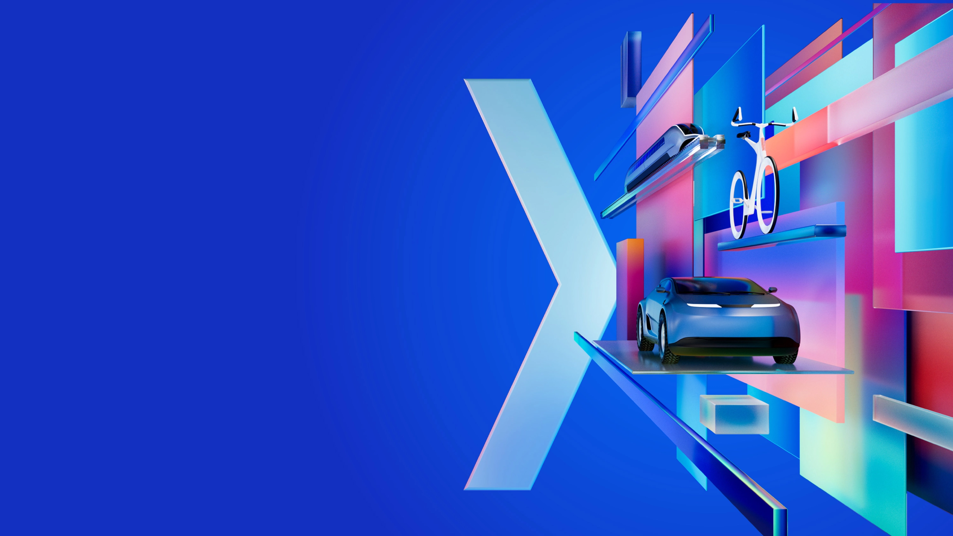 A futuristic digital artwork that represents the IAA MOBILITY 2025 theme. It shows a car, a drone, and a cyclist moving through colorful, geometric shapes against a blue background. The artwork embodies the dynamic mobility of the future, as presented at the Auto Show Munich.