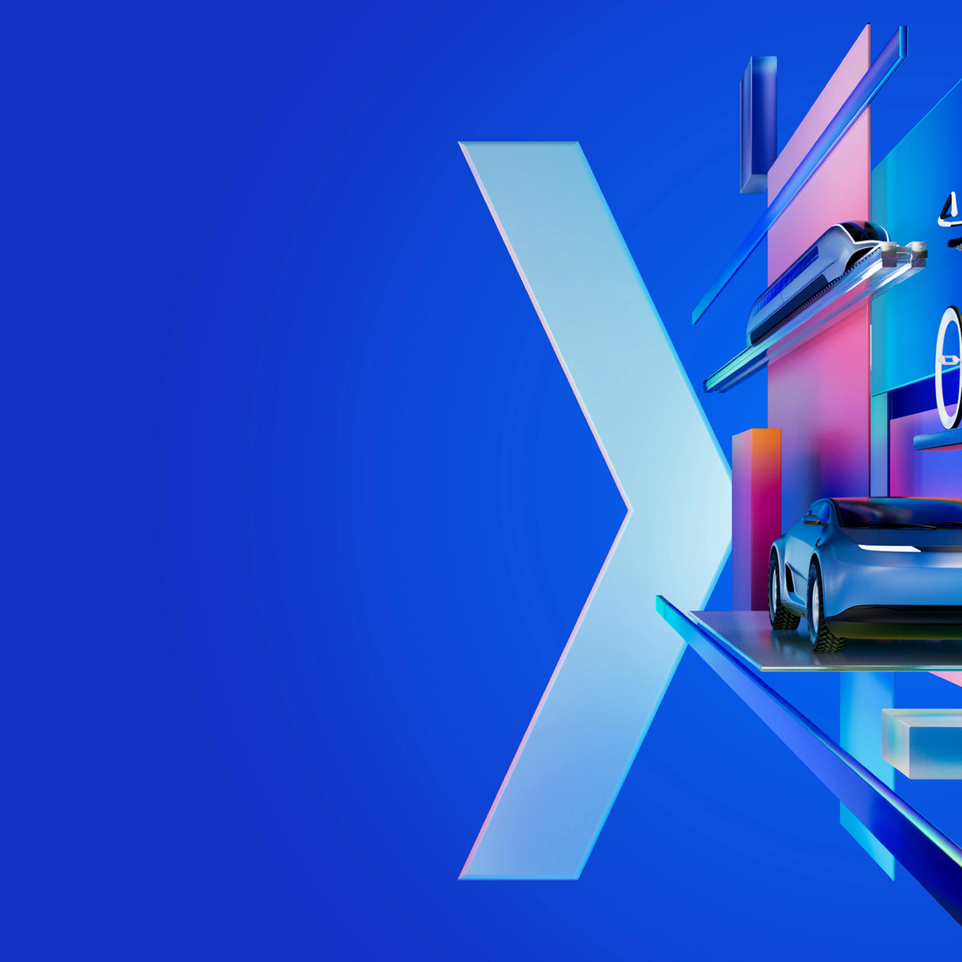 A futuristic digital artwork that represents the IAA MOBILITY 2025 theme. It shows a car, a drone, and a cyclist moving through colorful, geometric shapes against a blue background. The artwork embodies the dynamic mobility of the future, as presented at the Auto Show Munich.