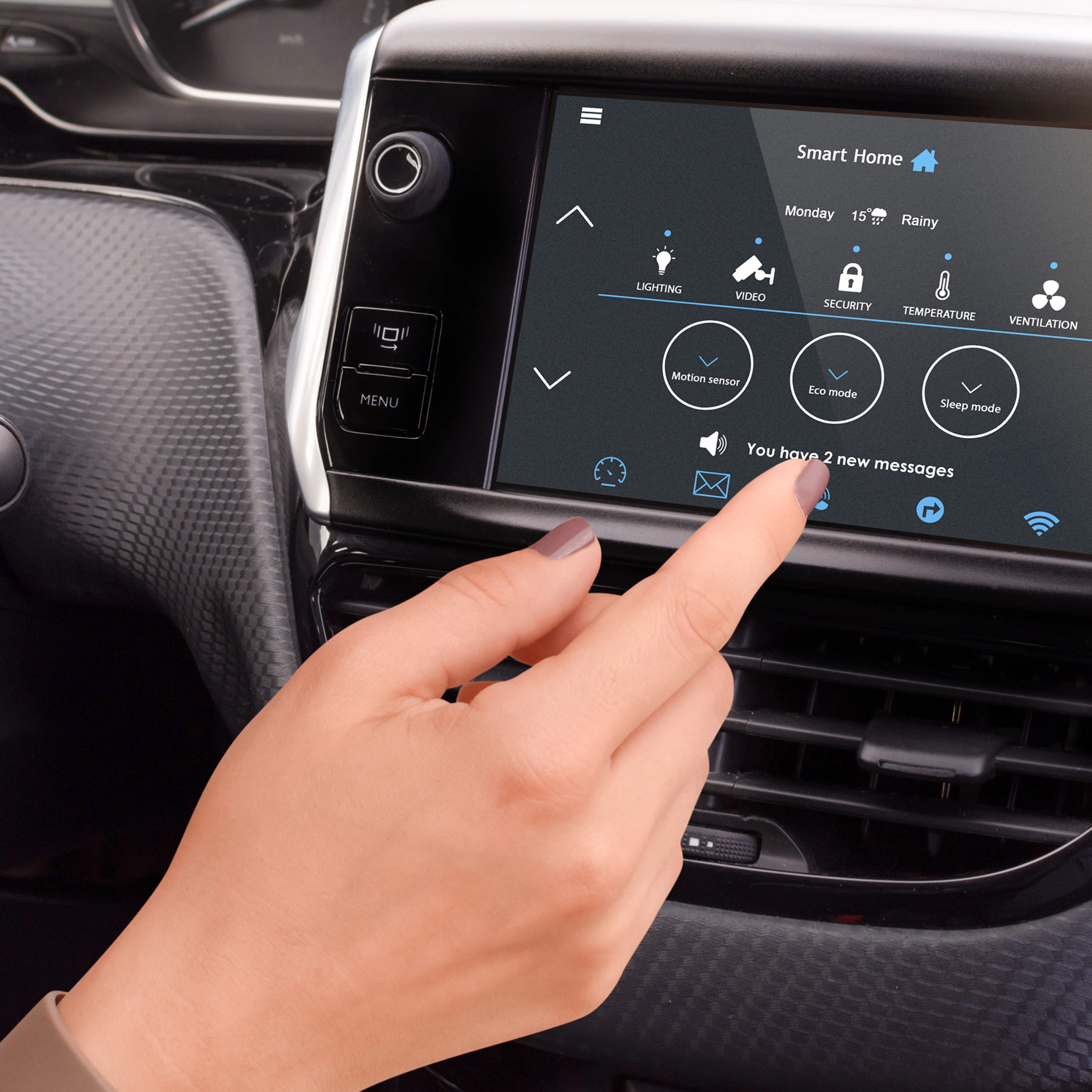 Hand touching a smart home control screen in a car dashboard.
