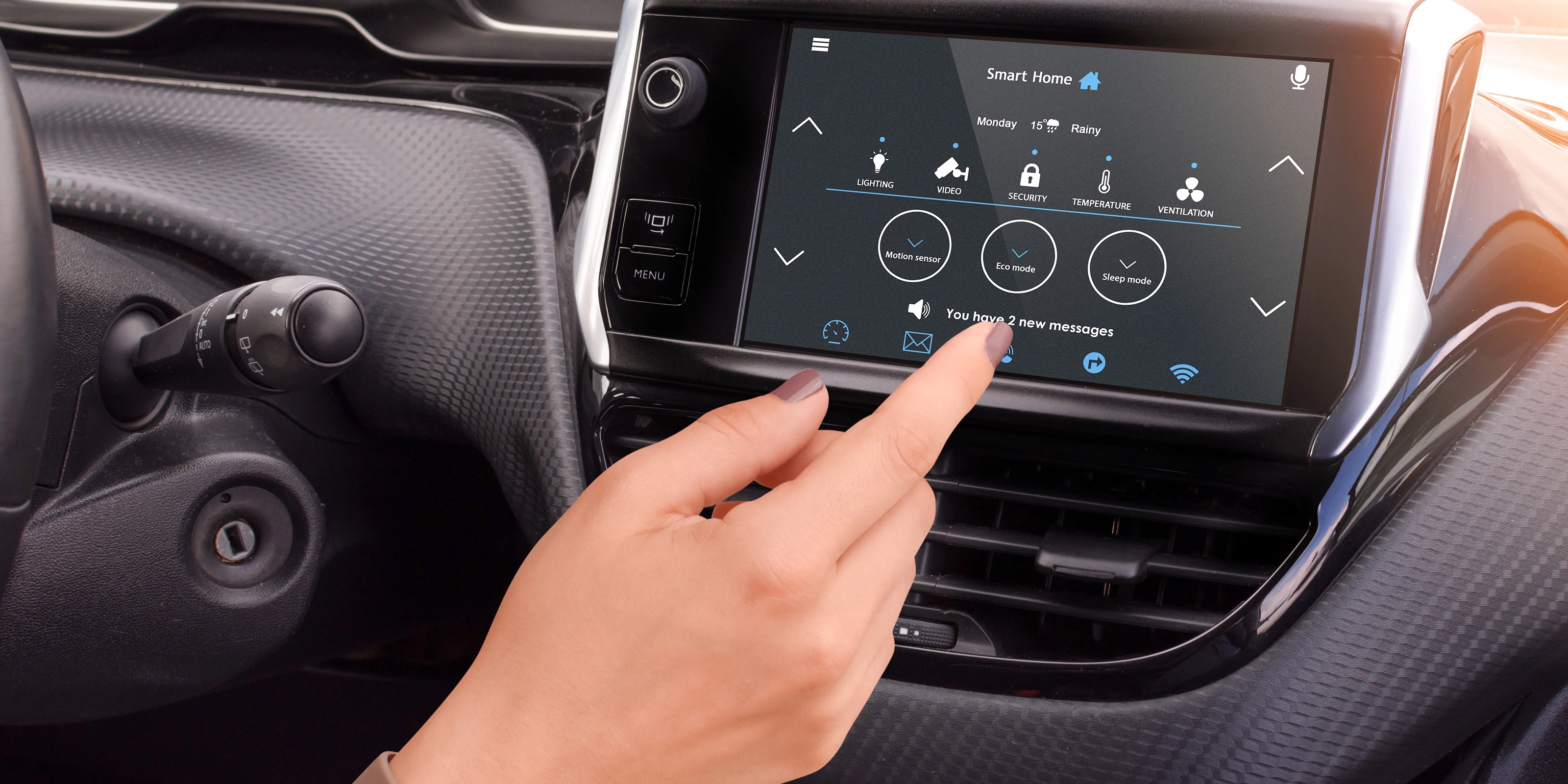 Hand touching a smart home control screen in a car dashboard.