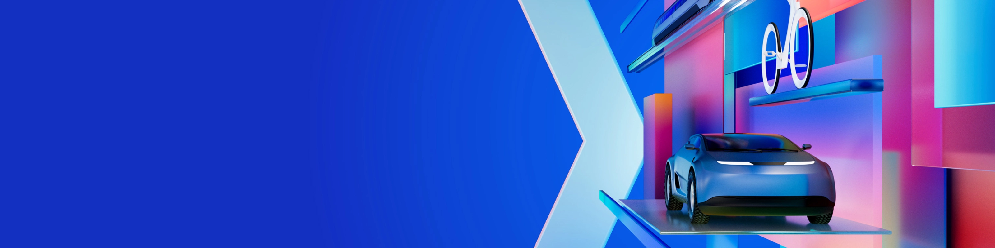 A futuristic digital artwork that represents the IAA MOBILITY 2025 theme. It shows a car, a drone, and a cyclist moving through colorful, geometric shapes against a blue background. The artwork embodies the dynamic mobility of the future, as presented at the Auto Show Munich.