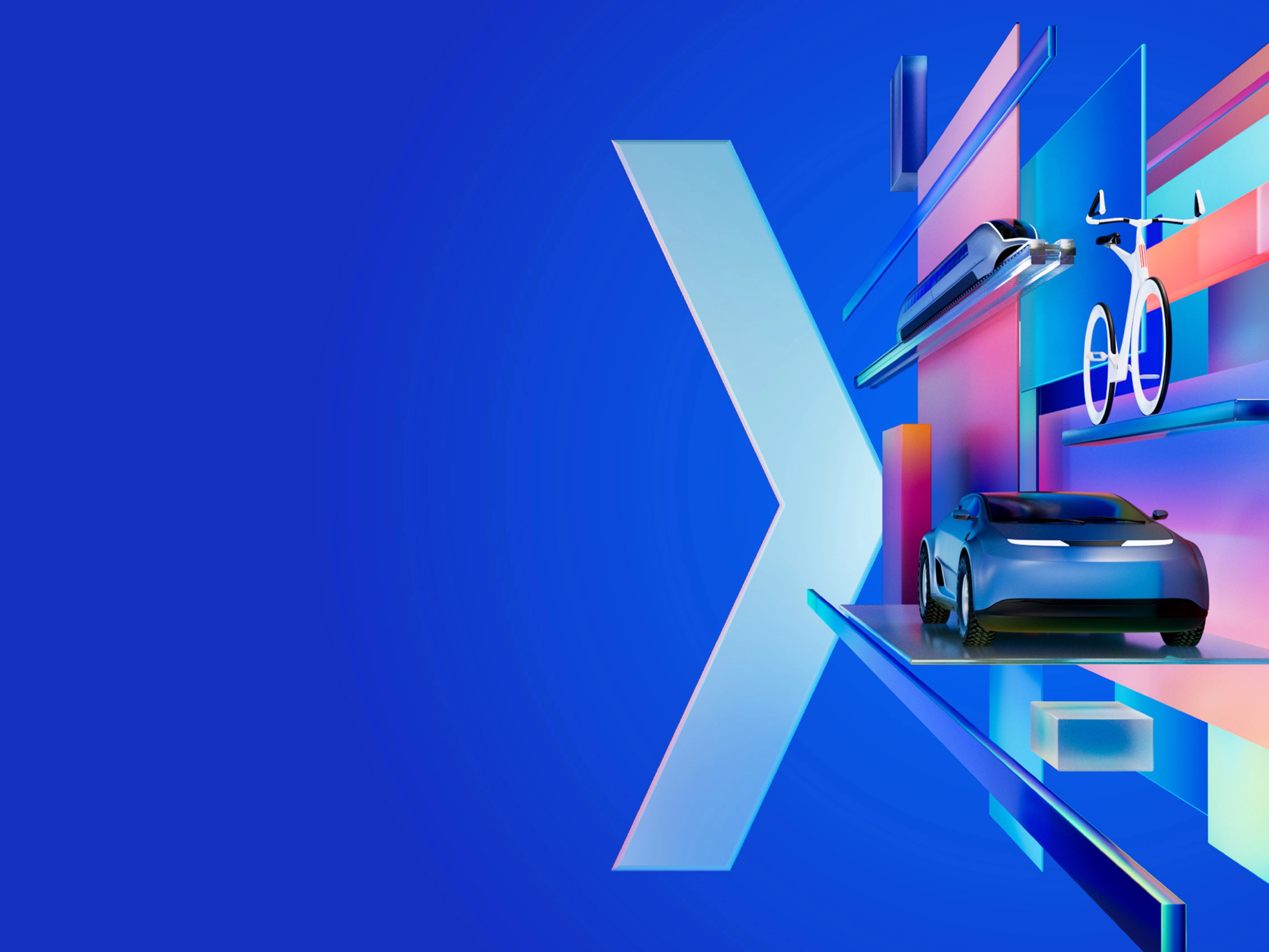 A futuristic digital artwork that represents the IAA MOBILITY 2025 theme. It shows a car, a drone, and a cyclist moving through colorful, geometric shapes against a blue background. The artwork embodies the dynamic mobility of the future, as presented at the Auto Show Munich.
