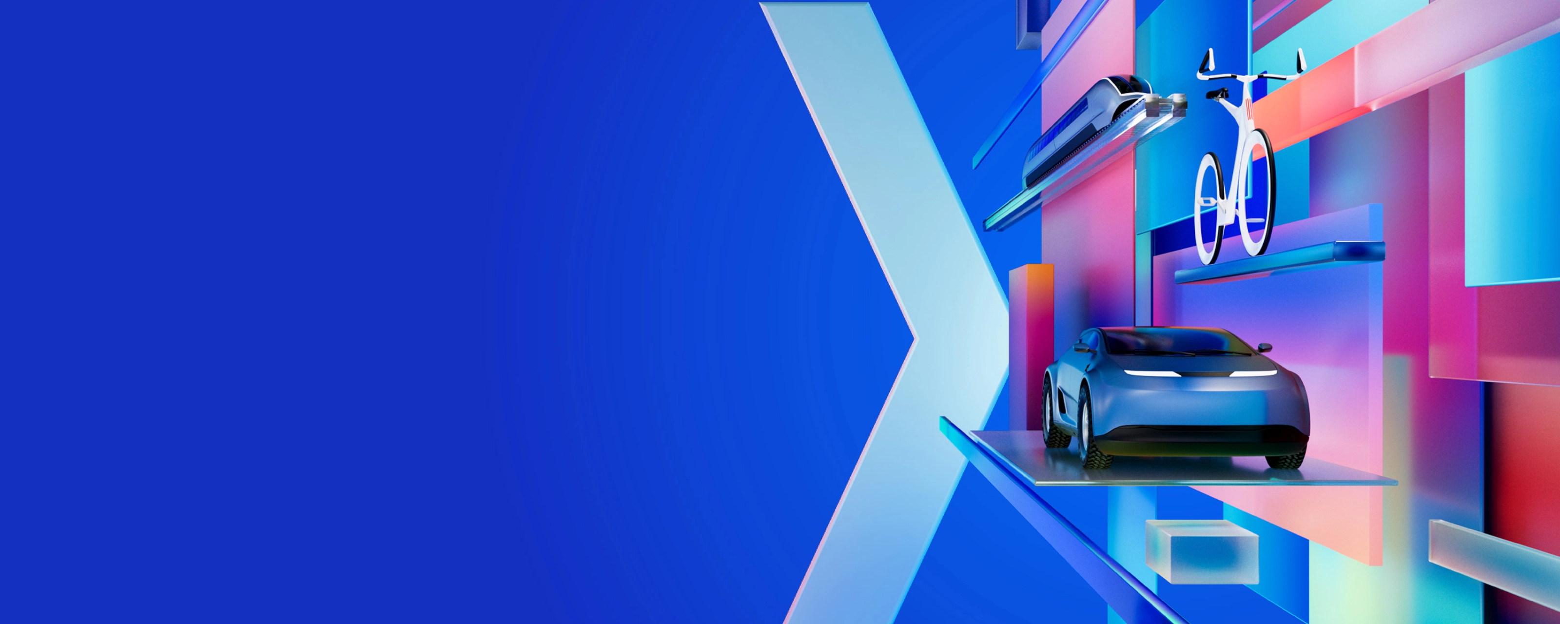 A futuristic digital artwork that represents the IAA MOBILITY 2025 theme. It shows a car, a drone, and a cyclist moving through colorful, geometric shapes against a blue background. The artwork embodies the dynamic mobility of the future, as presented at the Auto Show Munich.