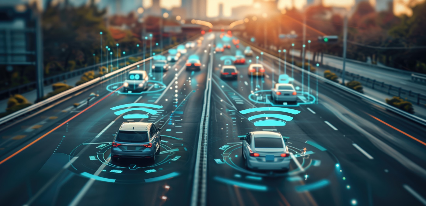 Illustration eines Fahrzeugs mit vernetzten Technologien.
